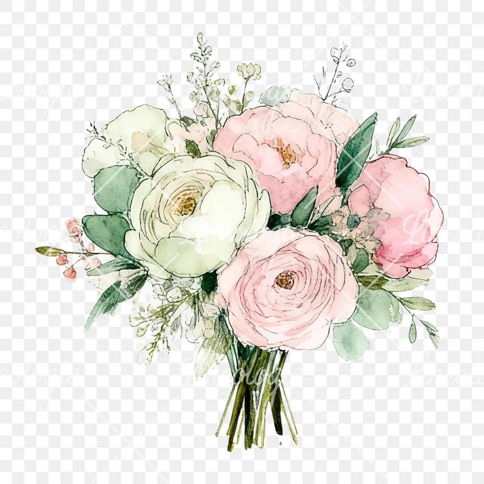 Watercolor soft pink sage green wedding bouquet clipart 4 of 12 on a transparent background (PNG)