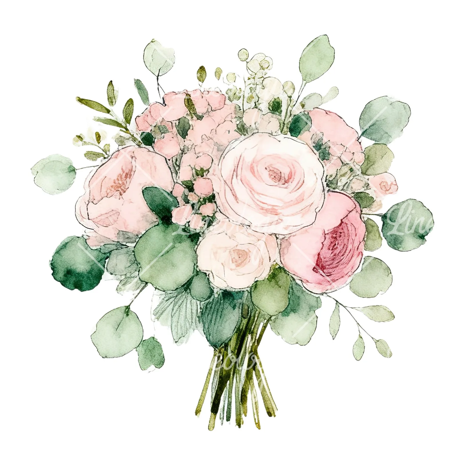 Watercolor soft pink sage green wedding bouquet clipart 5 of 12 on a white background (JPG)