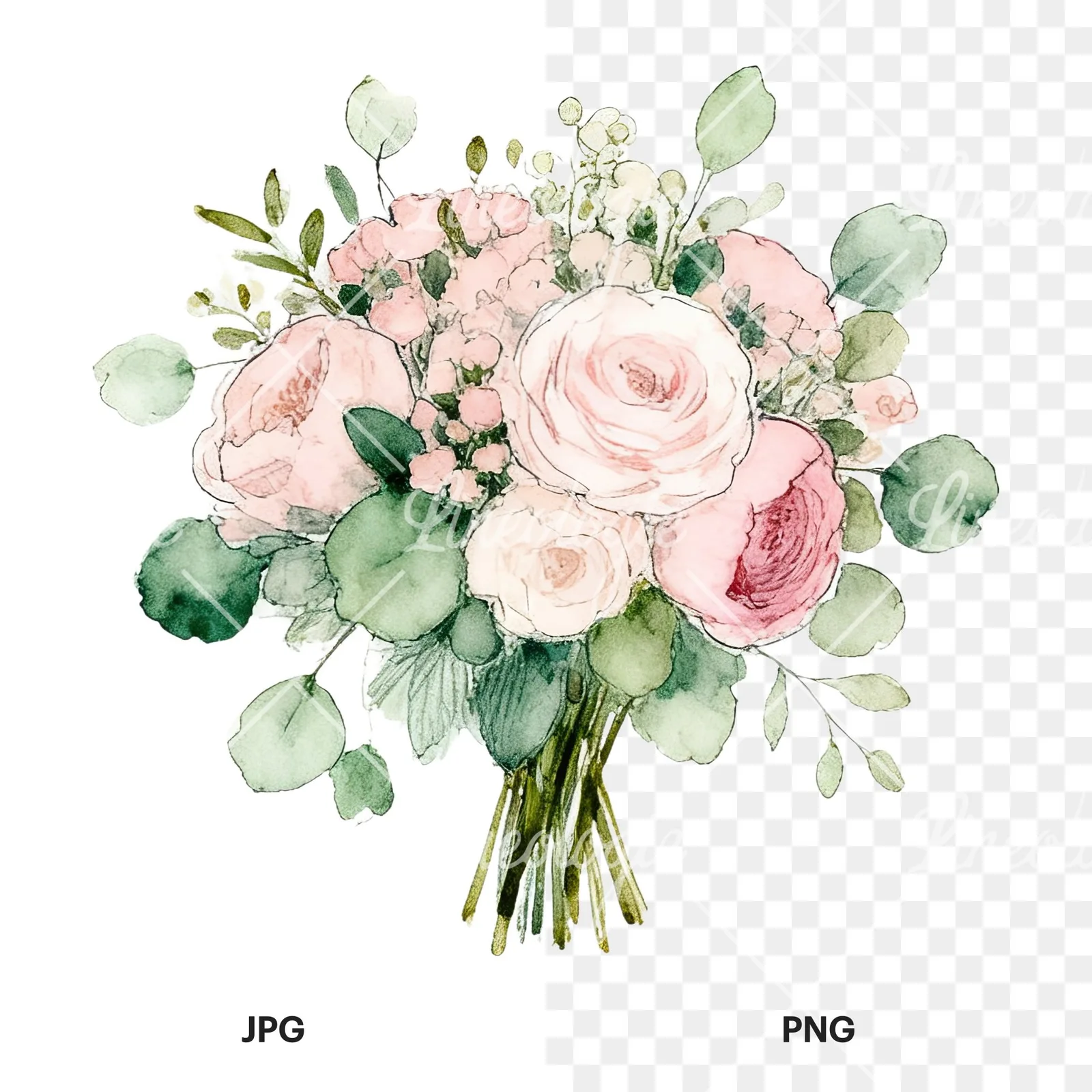 Watercolor soft pink sage green wedding bouquet clipart 5 of 12, as a JPG on white and a transparent PNG