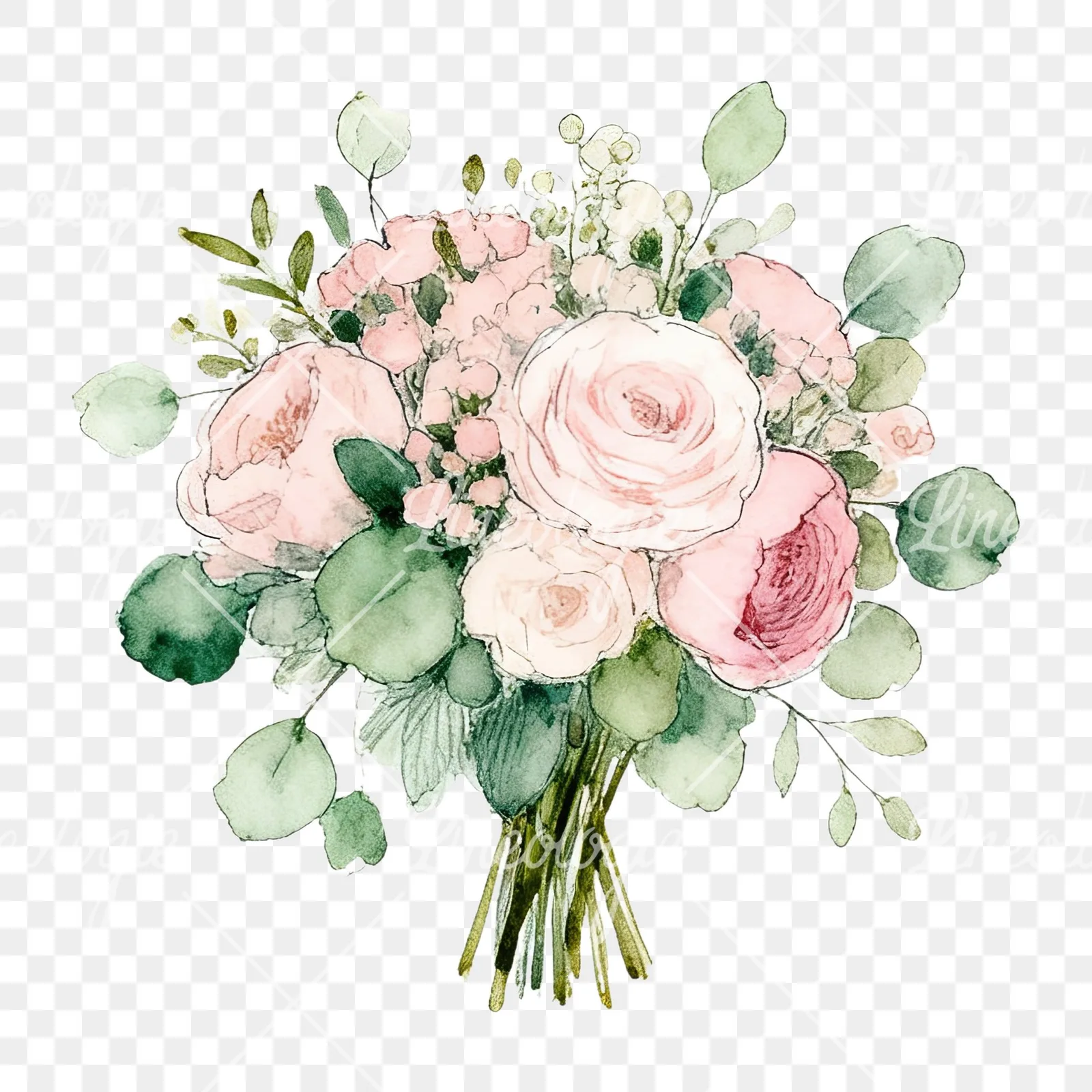Watercolor soft pink sage green wedding bouquet clipart 5 of 12 on a transparent background (PNG)