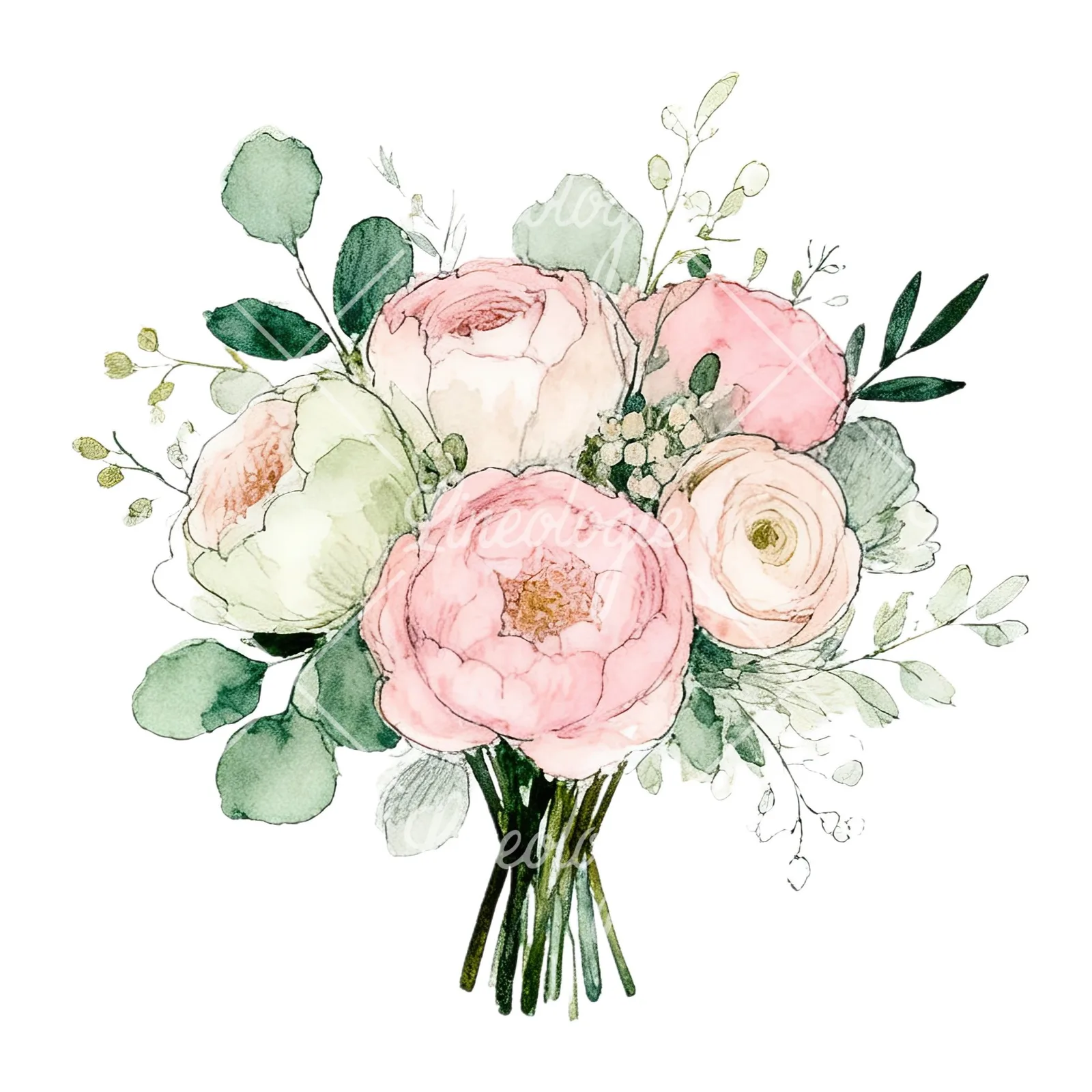 Watercolor soft pink sage green wedding bouquet clipart 6 of 12 on a white background (JPG)