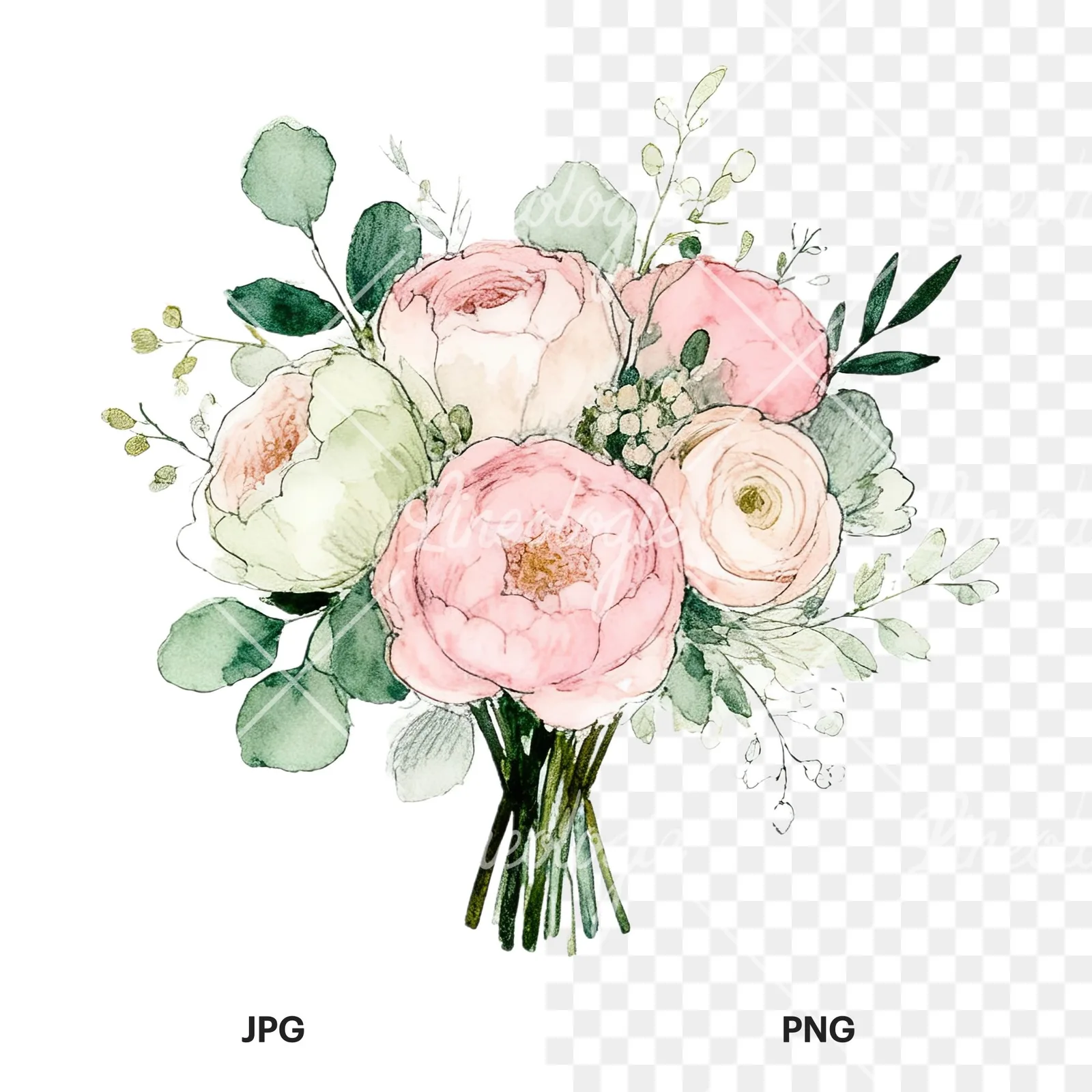 Watercolor soft pink sage green wedding bouquet clipart 6 of 12, as a JPG on white and a transparent PNG
