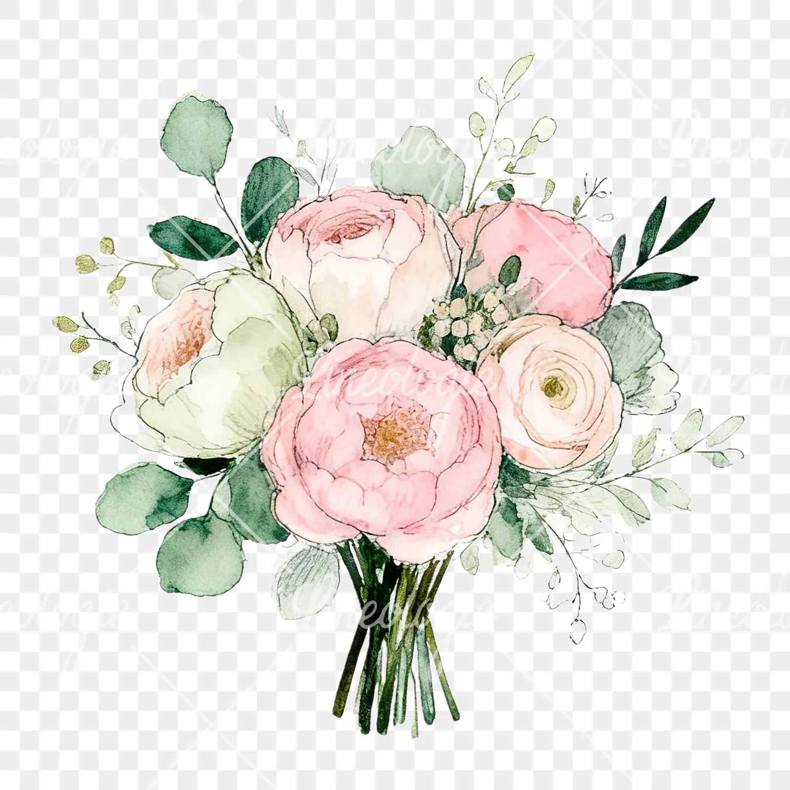 Watercolor soft pink sage green wedding bouquet clipart 6 of 12 on a transparent background (PNG)