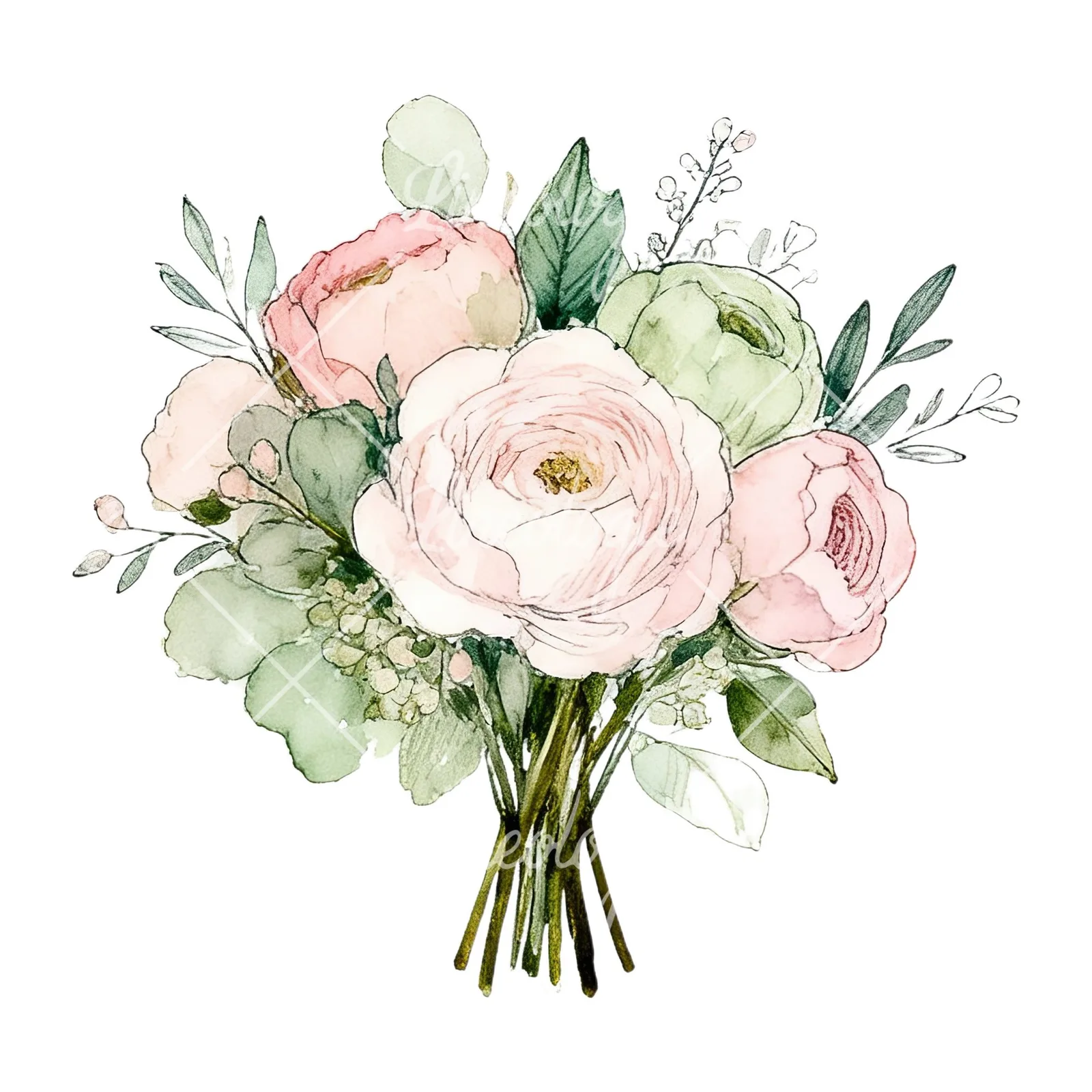 Watercolor soft pink sage green wedding bouquet clipart 7 of 12 on a white background (JPG)