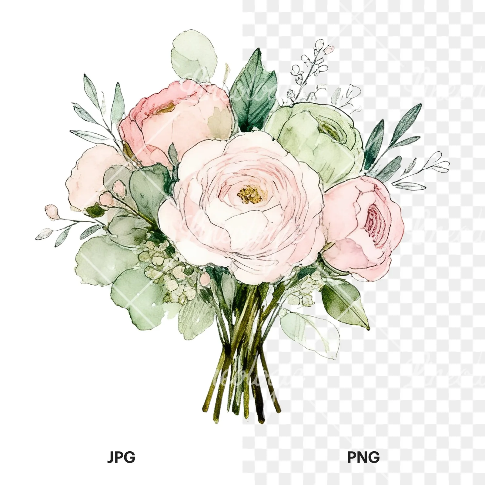 Watercolor soft pink sage green wedding bouquet clipart 7 of 12, as a JPG on white and a transparent PNG