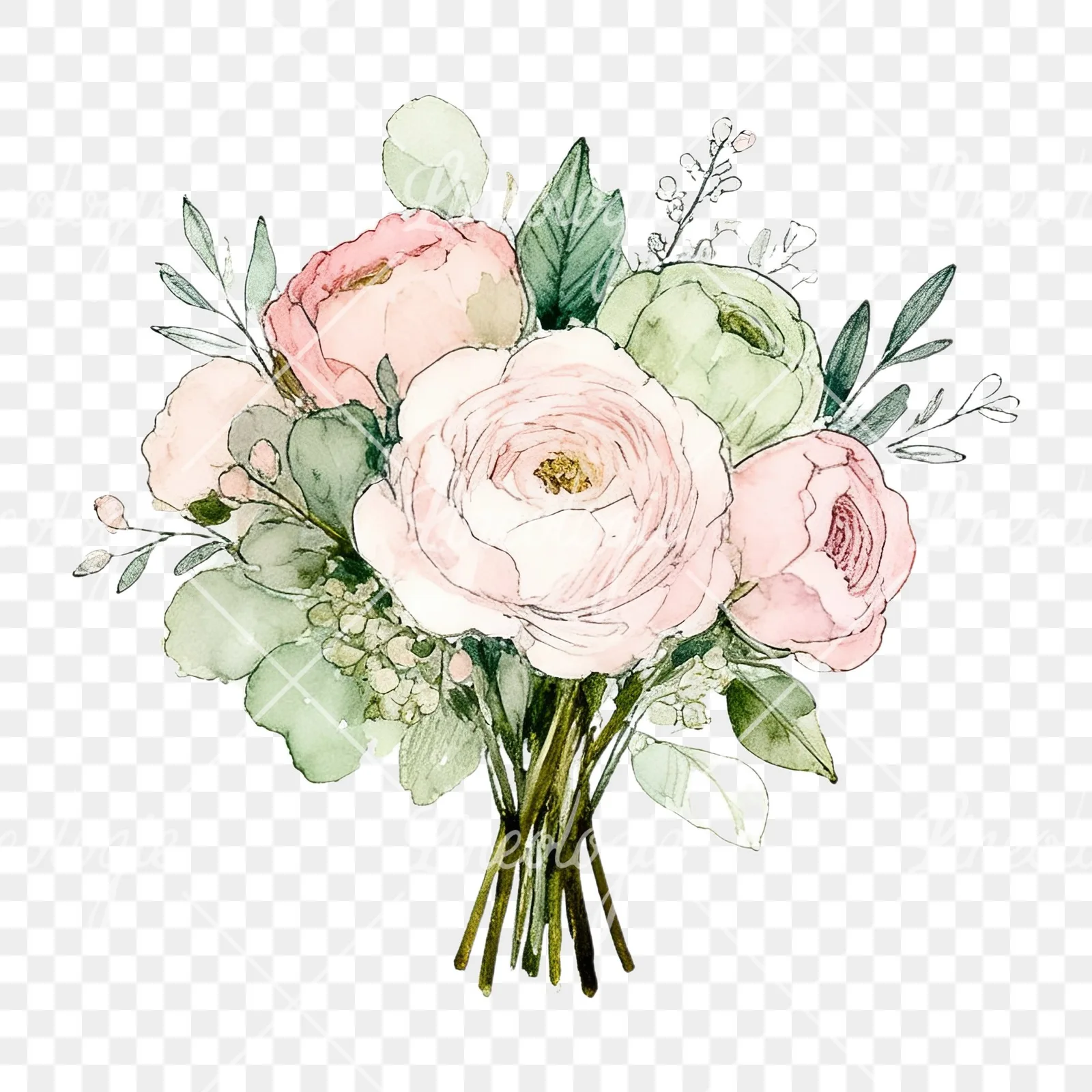 Watercolor soft pink sage green wedding bouquet clipart 7 of 12 on a transparent background (PNG)
