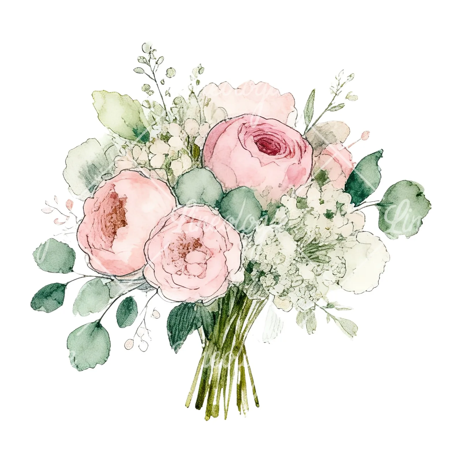Watercolor soft pink sage green wedding bouquet clipart 8 of 12 on a white background (JPG)