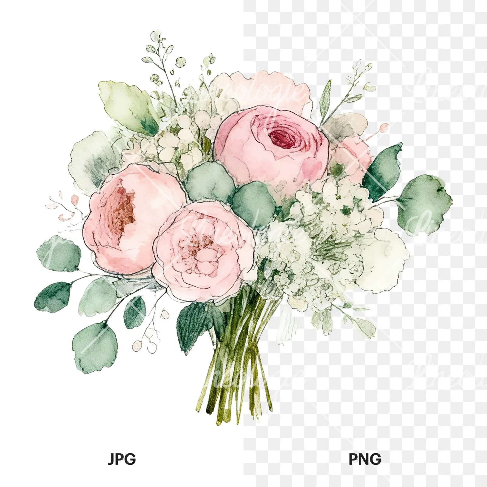 Watercolor soft pink sage green wedding bouquet clipart 8 of 12, as a JPG on white and a transparent PNG