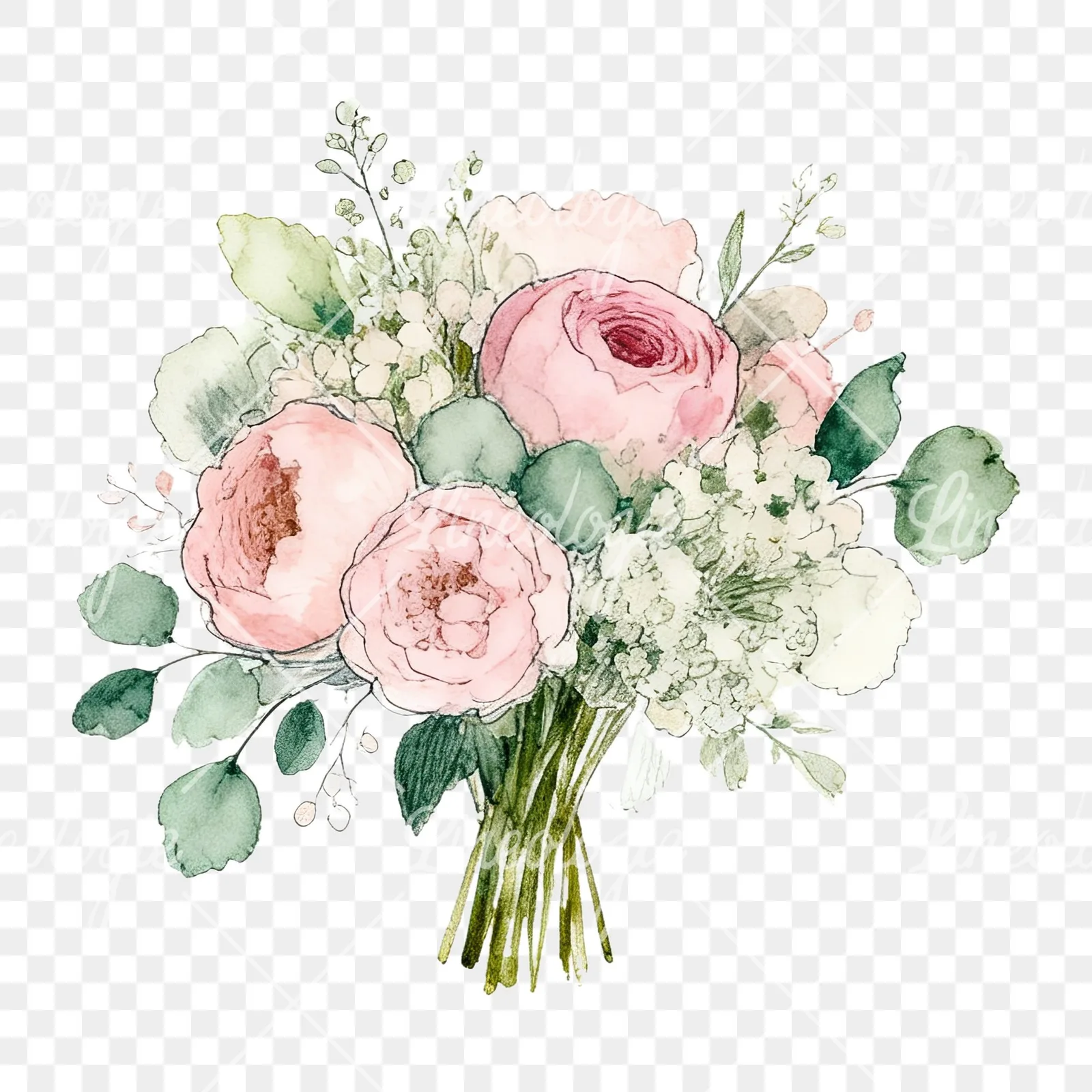 Watercolor soft pink sage green wedding bouquet clipart 8 of 12 on a transparent background (PNG)
