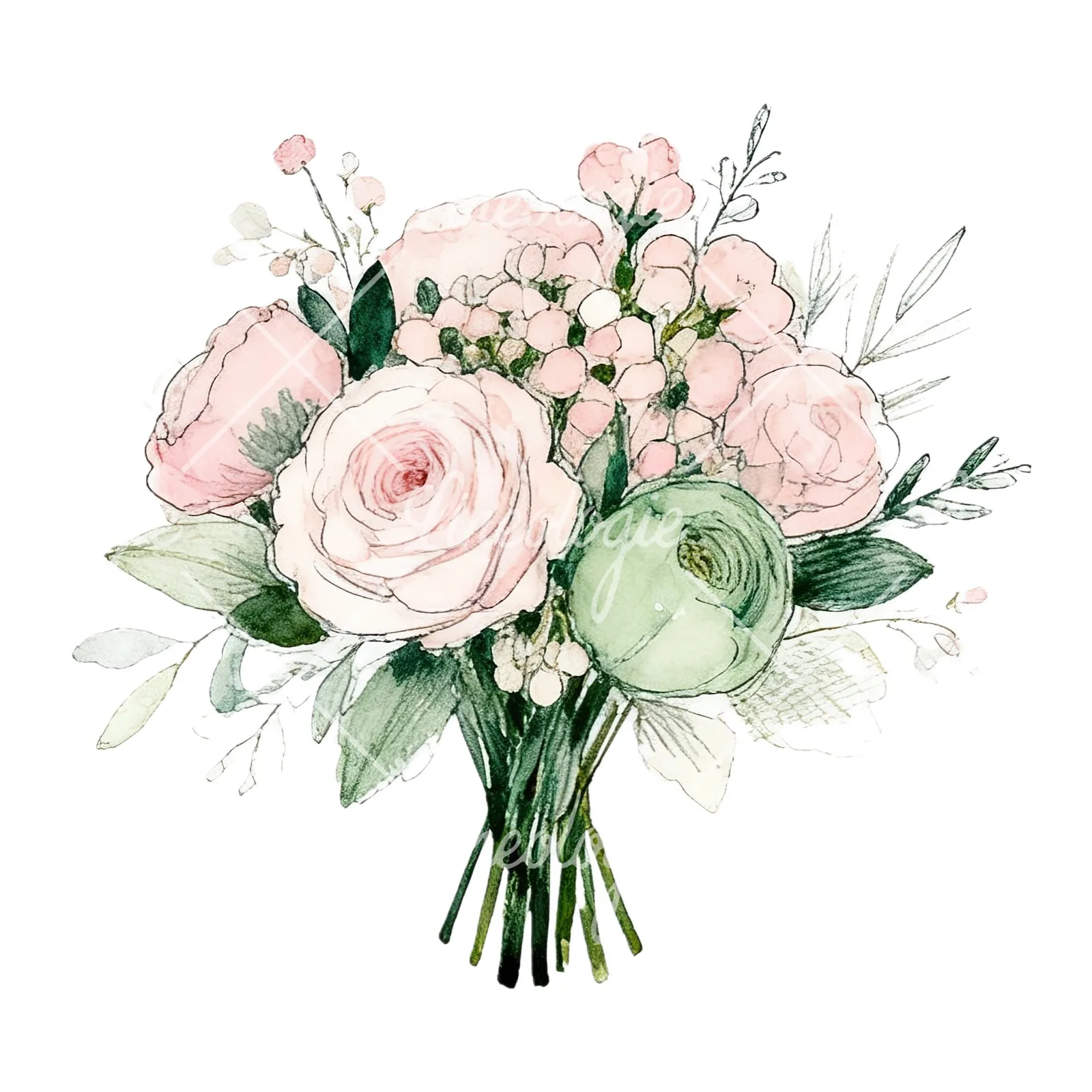 Watercolor soft pink sage green wedding bouquet clipart 9 of 12 on a white background (JPG)