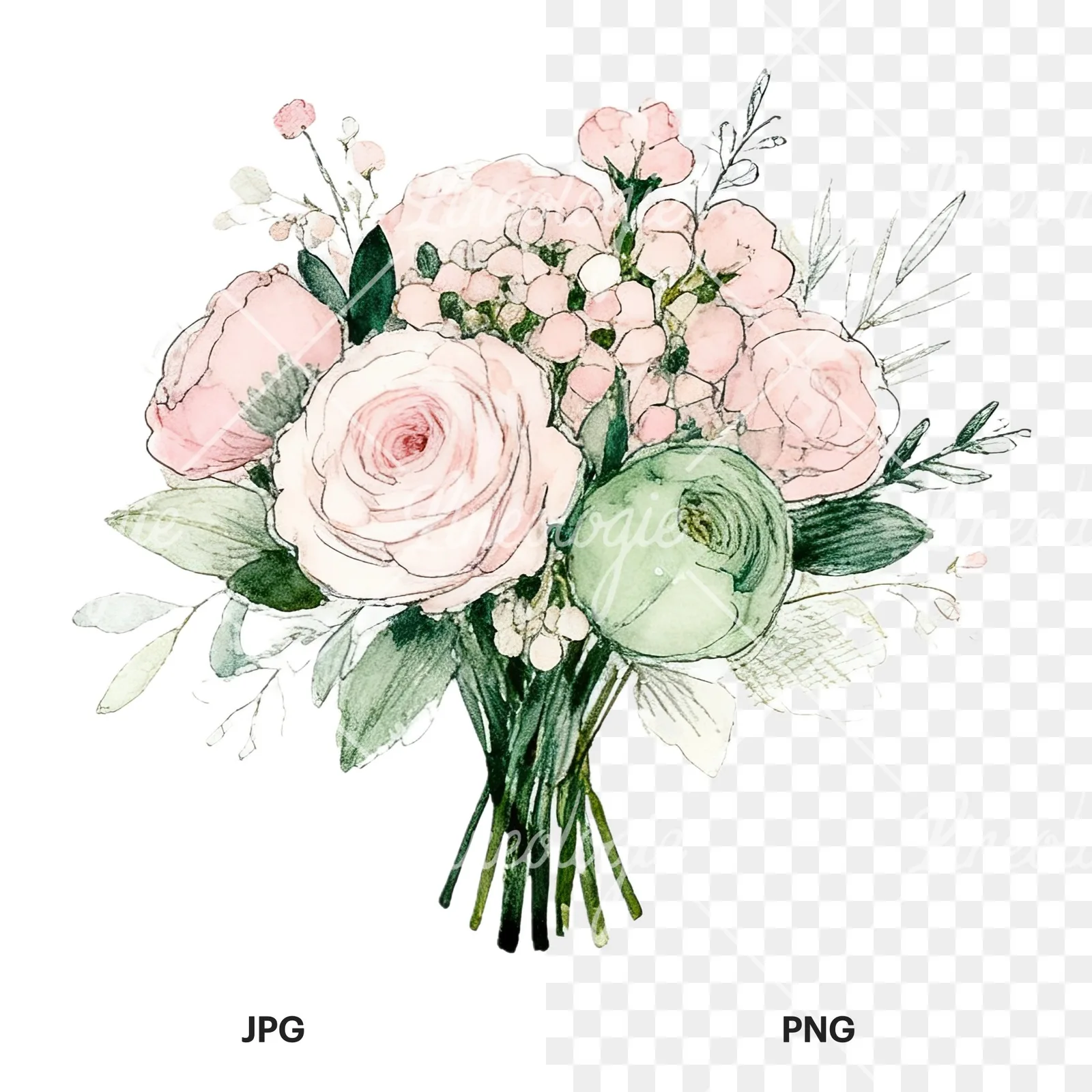 Watercolor soft pink sage green wedding bouquet clipart 9 of 12, as a JPG on white and a transparent PNG