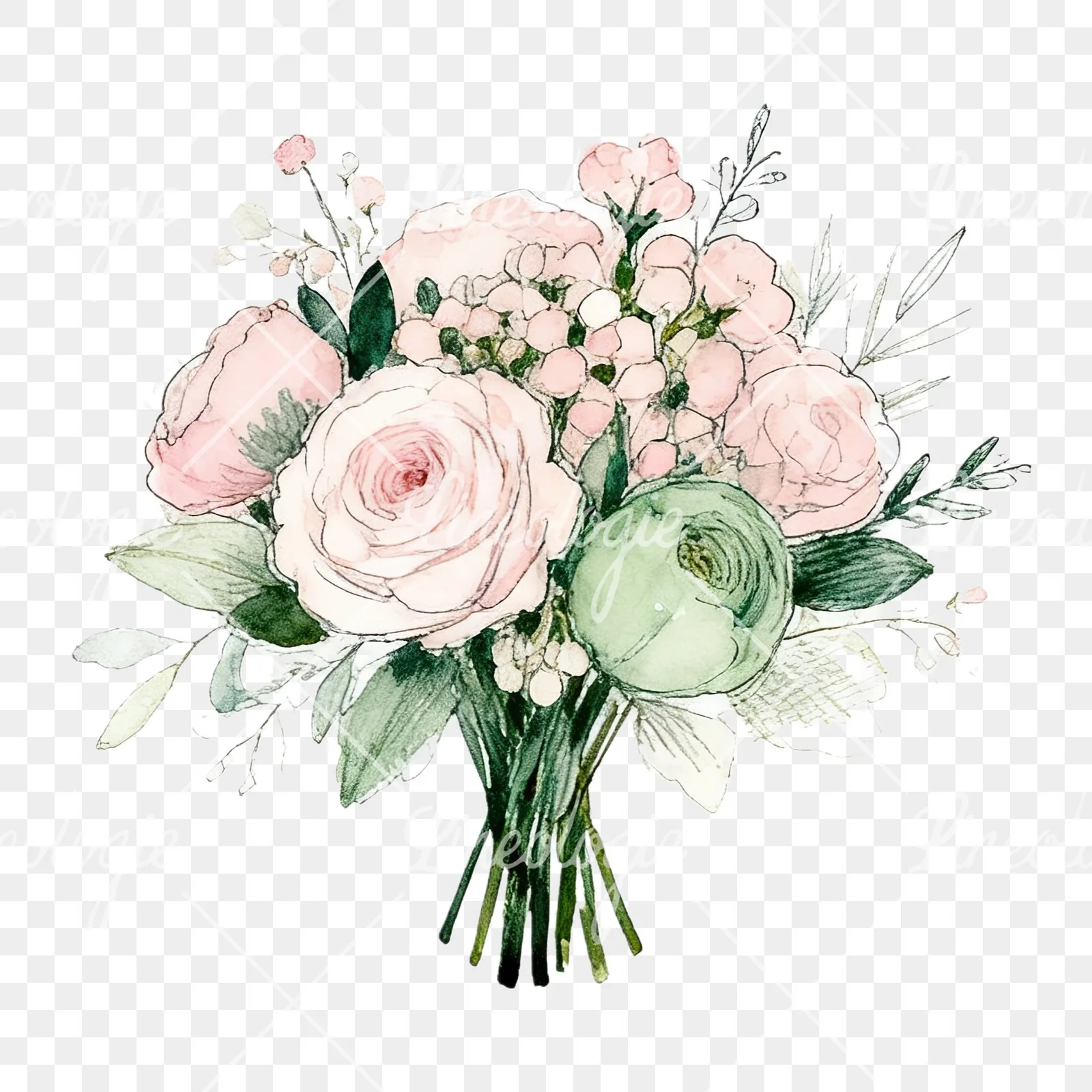 Watercolor soft pink sage green wedding bouquet clipart 9 of 12 on a transparent background (PNG)