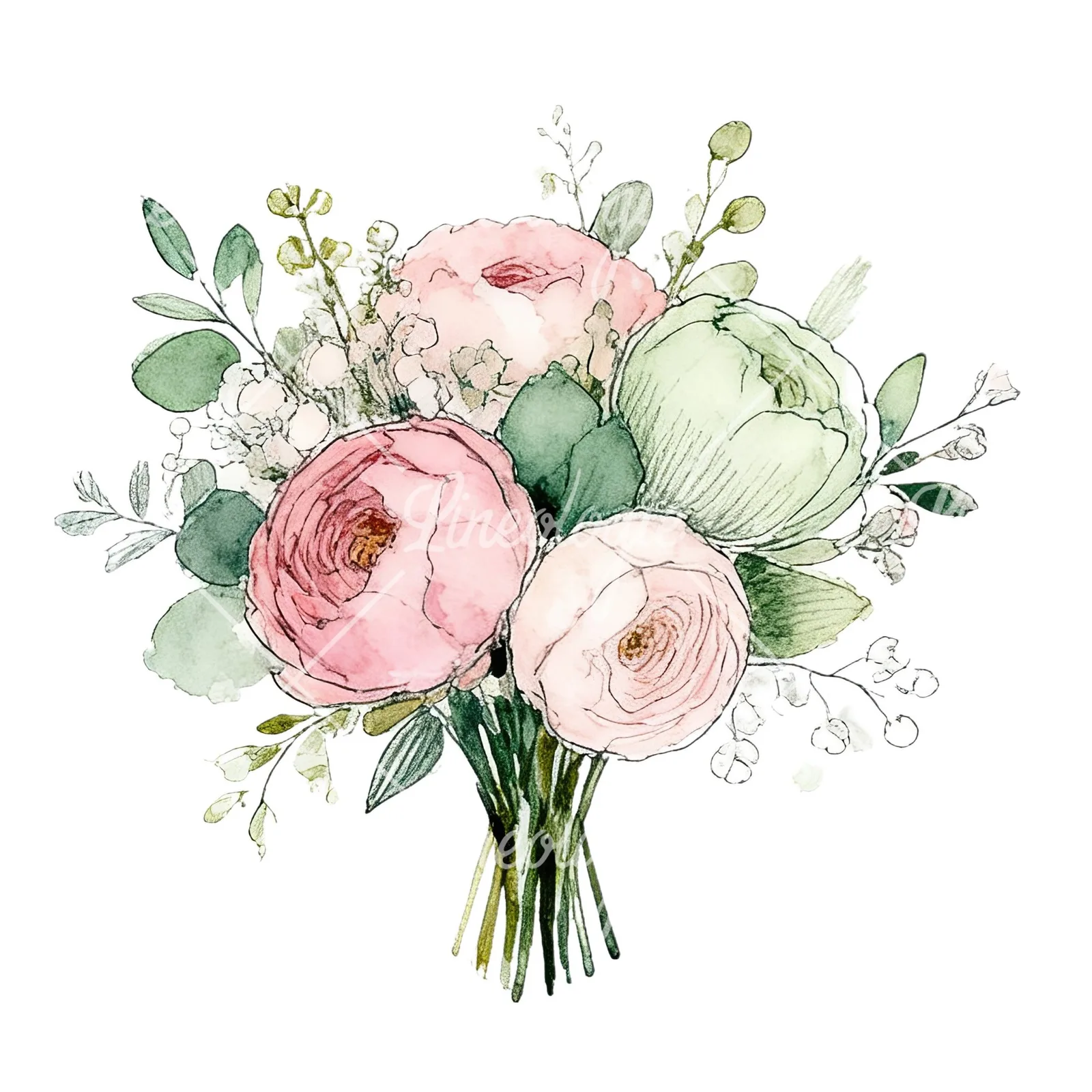 Watercolor soft pink sage green wedding bouquet clipart 10 of 12 on a white background (JPG)