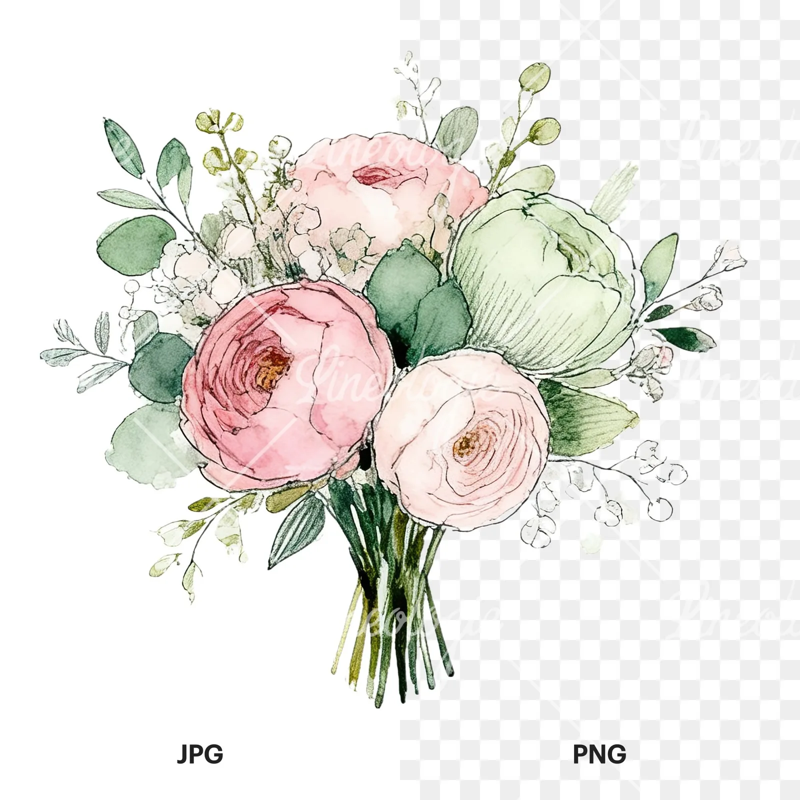 Watercolor soft pink sage green wedding bouquet clipart 10 of 12, as a JPG on white and a transparent PNG