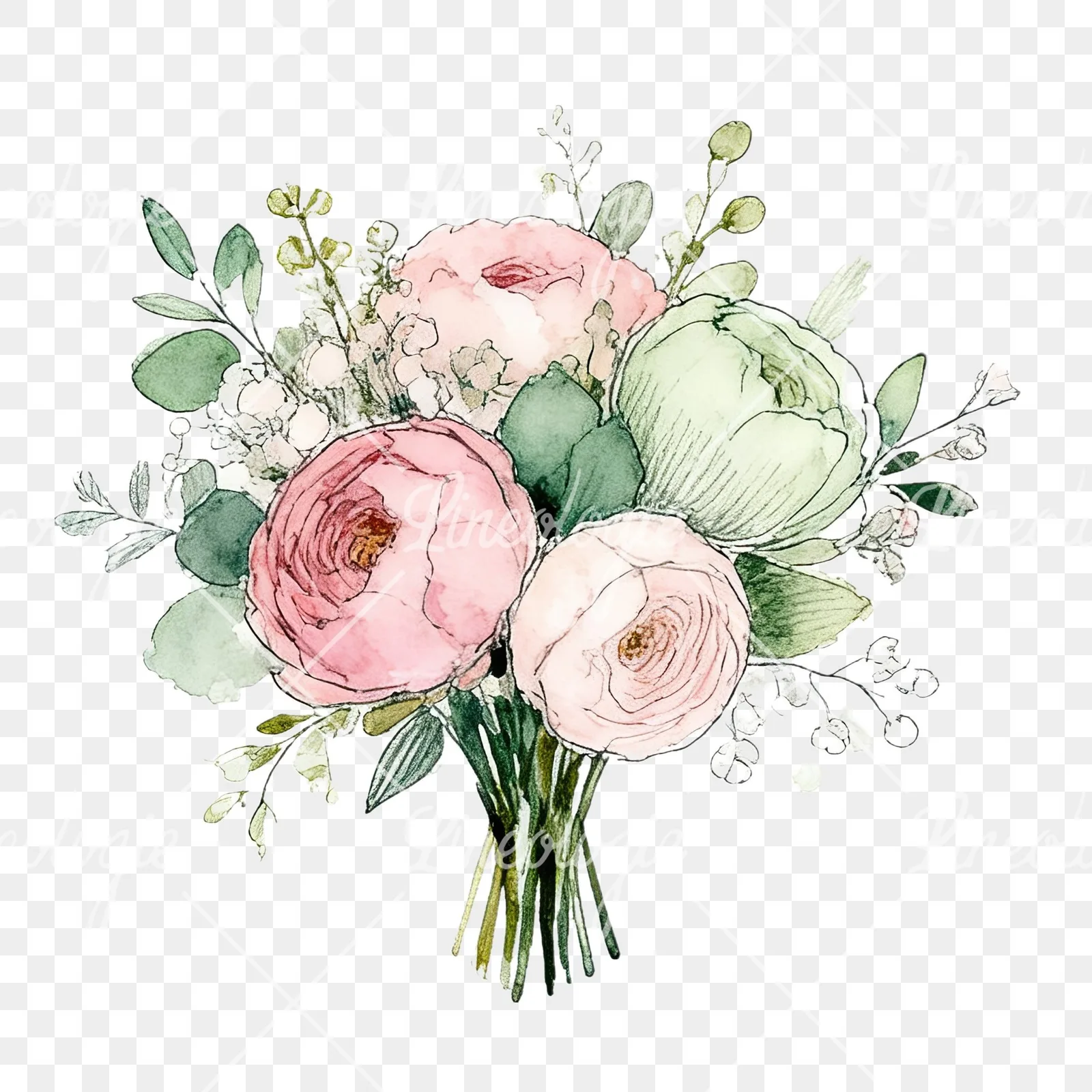 Watercolor soft pink sage green wedding bouquet clipart 10 of 12 on a transparent background (PNG)