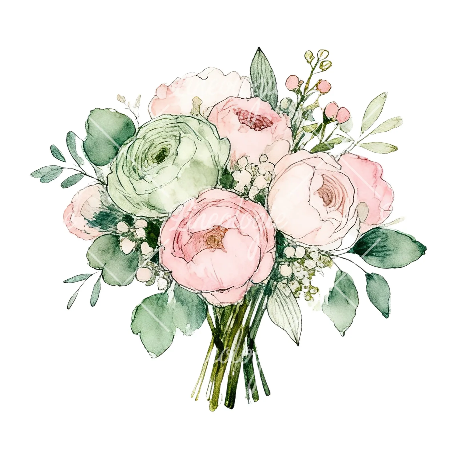 Watercolor soft pink sage green wedding bouquet clipart 11 of 12 on a white background (JPG)