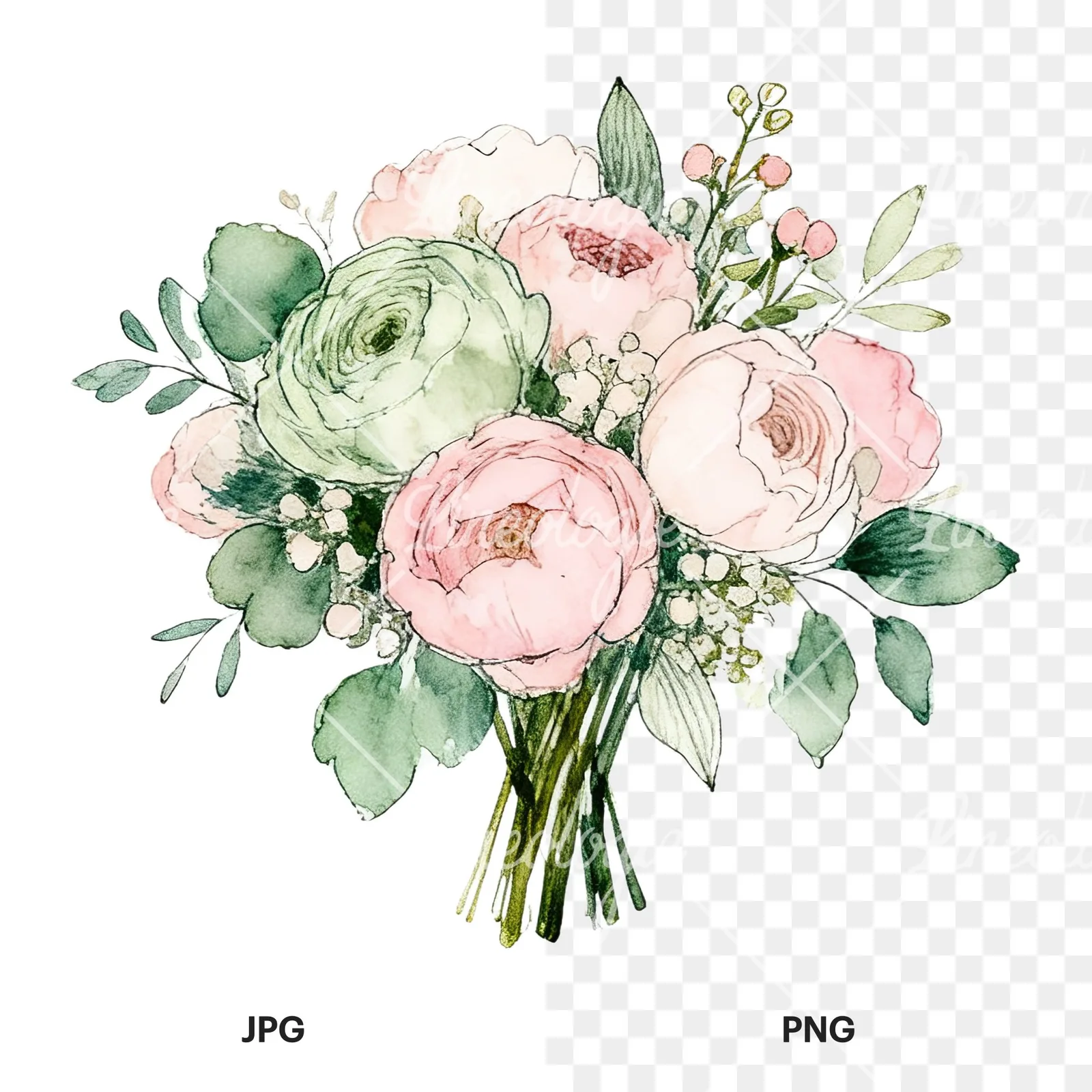 Watercolor soft pink sage green wedding bouquet clipart 11 of 12, as a JPG on white and a transparent PNG