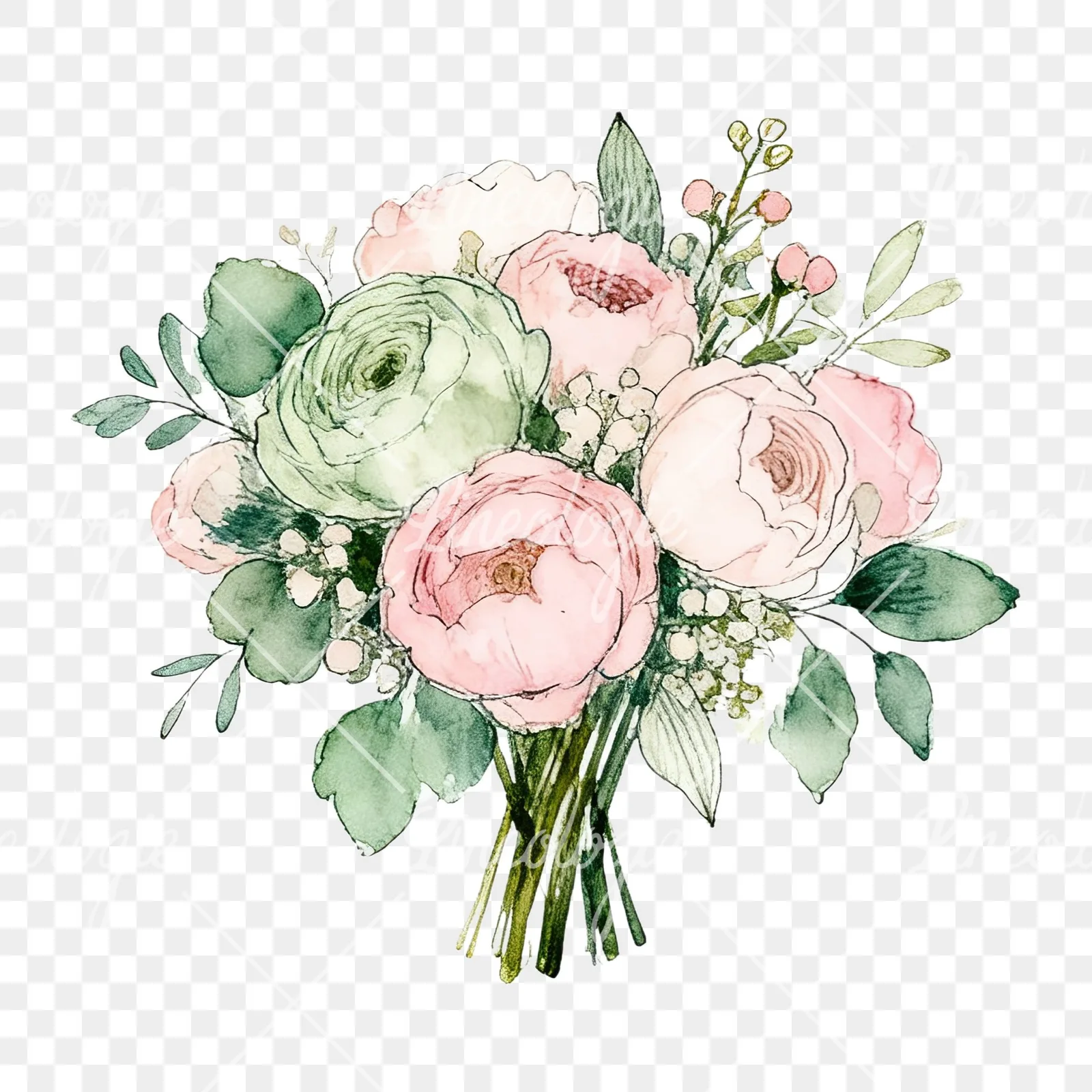 Watercolor soft pink sage green wedding bouquet clipart 11 of 12 on a transparent background (PNG)