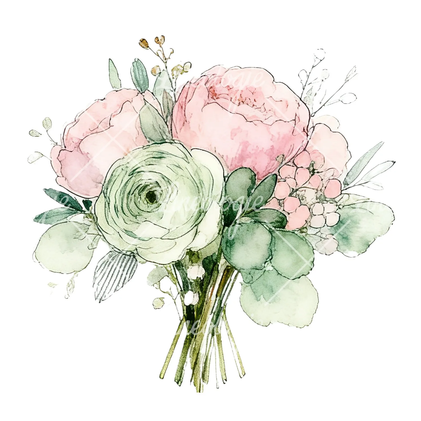 Watercolor soft pink sage green wedding bouquet clipart 12 of 12 on a white background (JPG)