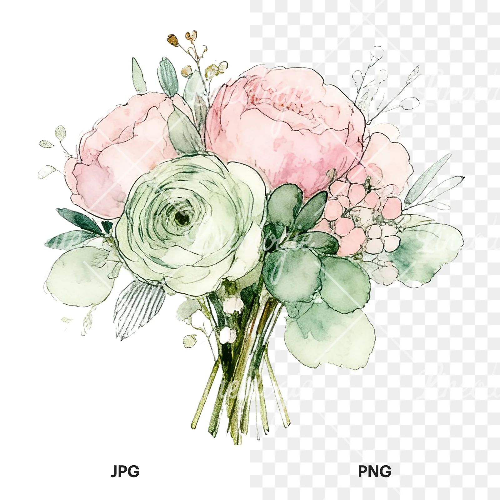 Watercolor soft pink sage green wedding bouquet clipart 12 of 12, as a JPG on white and a transparent PNG