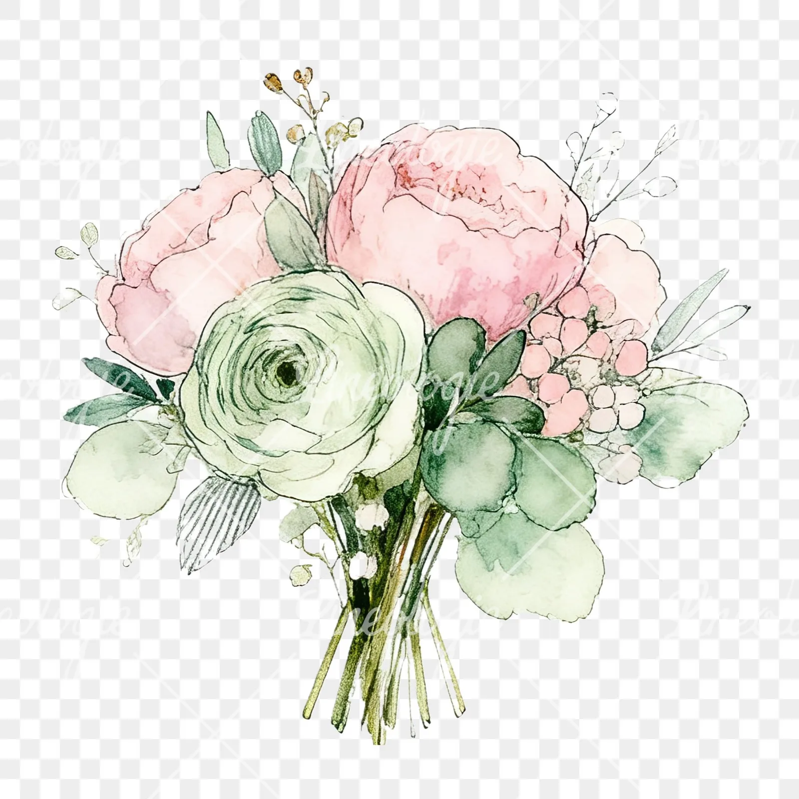 Watercolor soft pink sage green wedding bouquet clipart 12 of 12 on a transparent background (PNG)