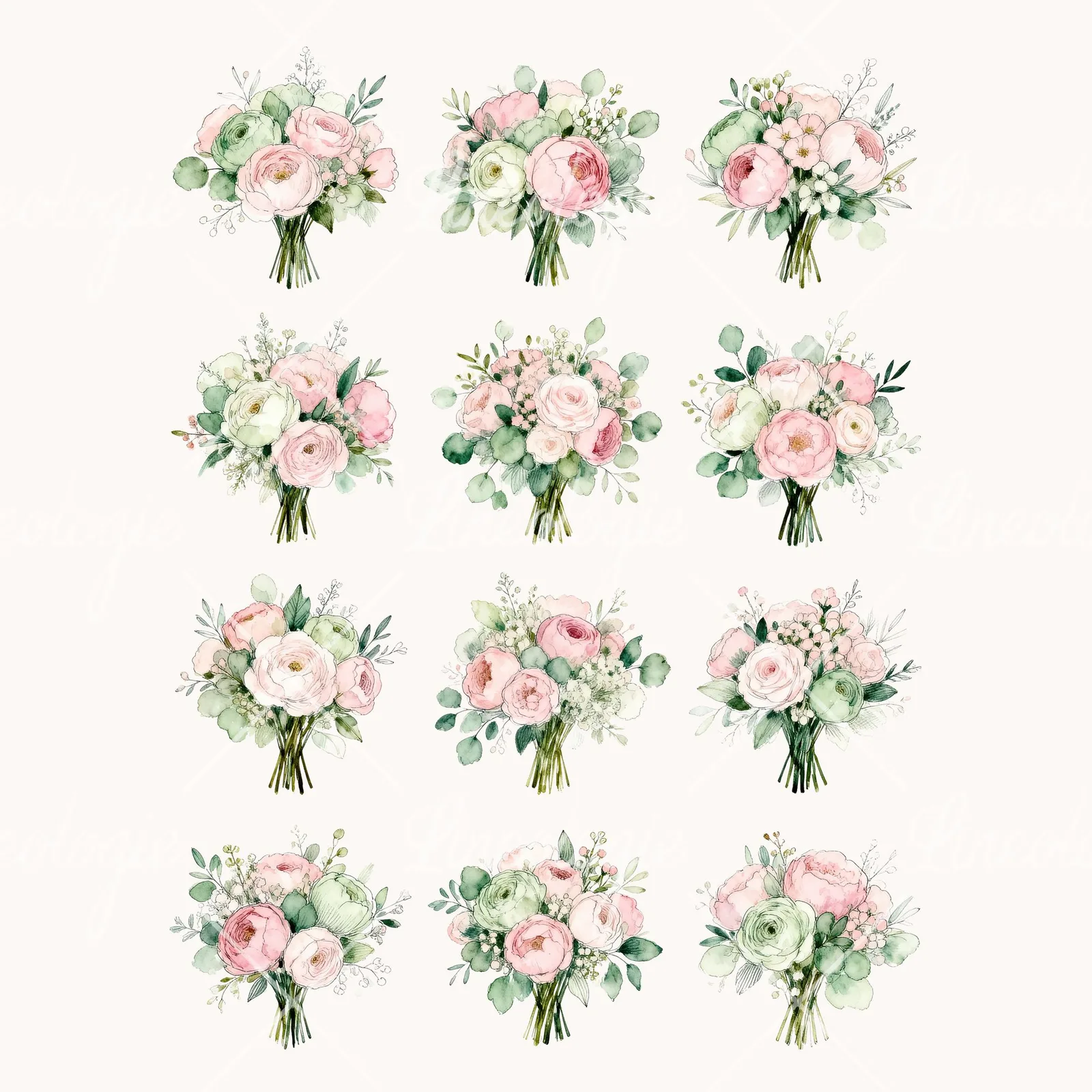 Watercolor Soft Pink Sage Green Wedding Bouquet Clipart, all 12 illustrations in the pack
