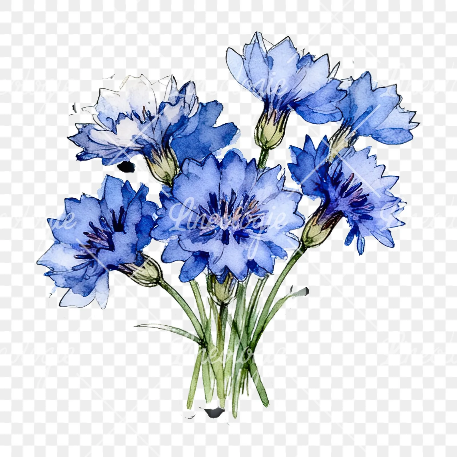 Watercolor dense blue cornflower bouquet clipart 2 of 12 on a transparent background (PNG)