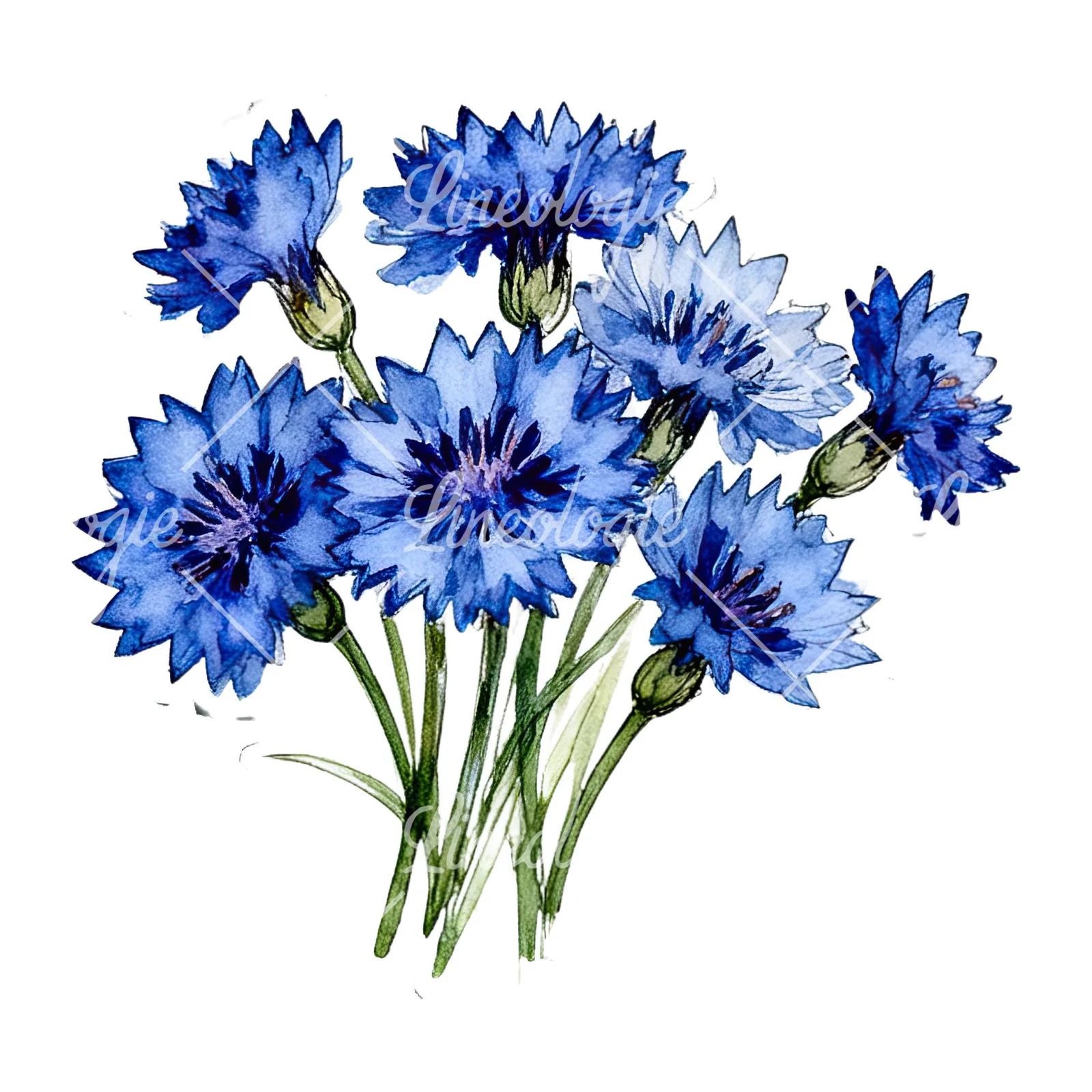 Watercolor dense blue cornflower bouquet clipart 4 of 12 on a white background (JPG)