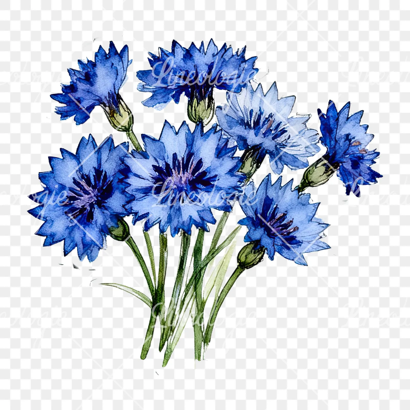 Watercolor dense blue cornflower bouquet clipart 4 of 12 on a transparent background (PNG)