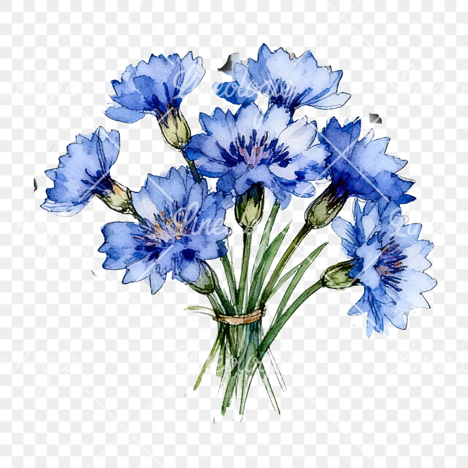 Watercolor dense blue cornflower bouquet clipart 5 of 12 on a transparent background (PNG)