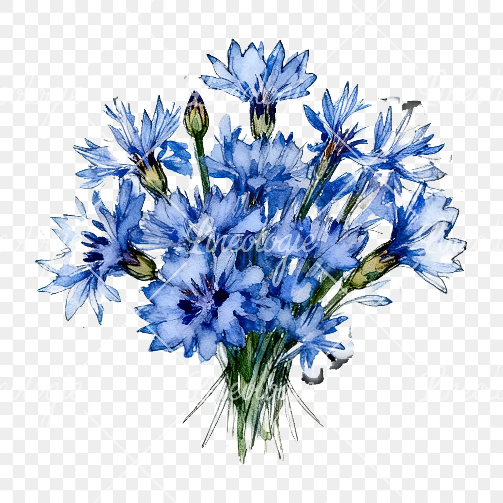 Watercolor dense blue cornflower bouquet clipart 6 of 12 on a transparent background (PNG)