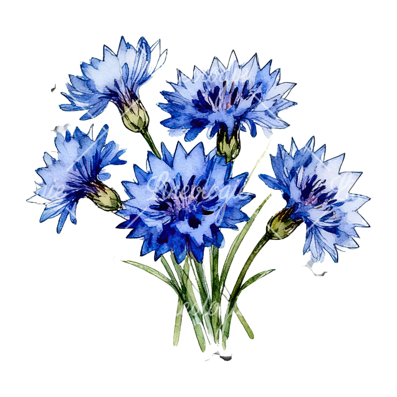 Watercolor dense blue cornflower bouquet clipart 7 of 12 on a white background (JPG)