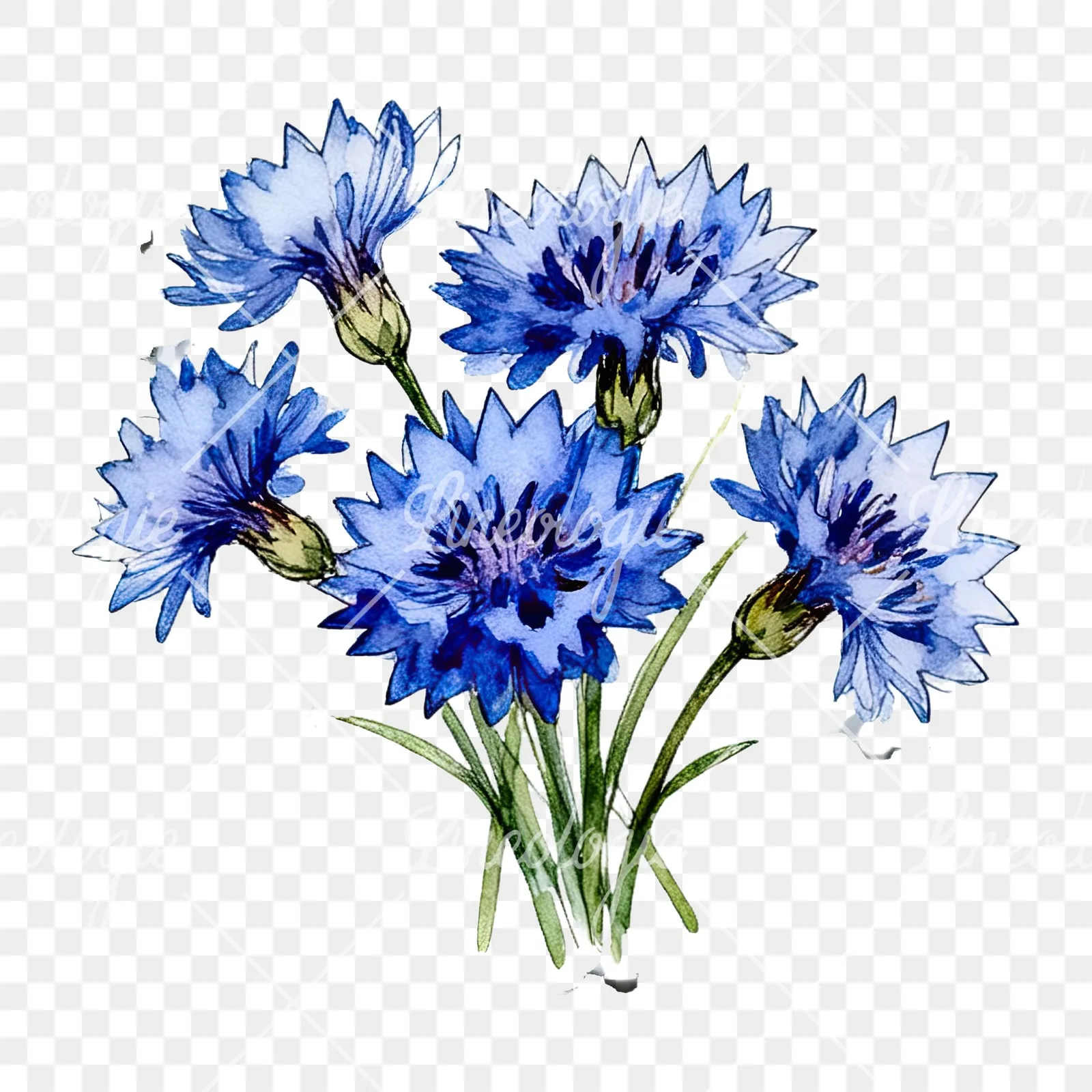 Watercolor dense blue cornflower bouquet clipart 7 of 12 on a transparent background (PNG)