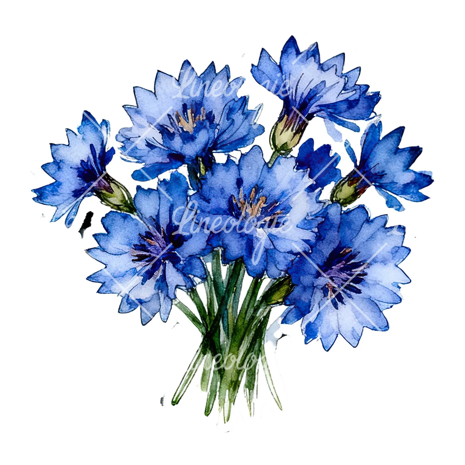 Watercolor dense blue cornflower bouquet clipart 8 of 12 on a white background (JPG)