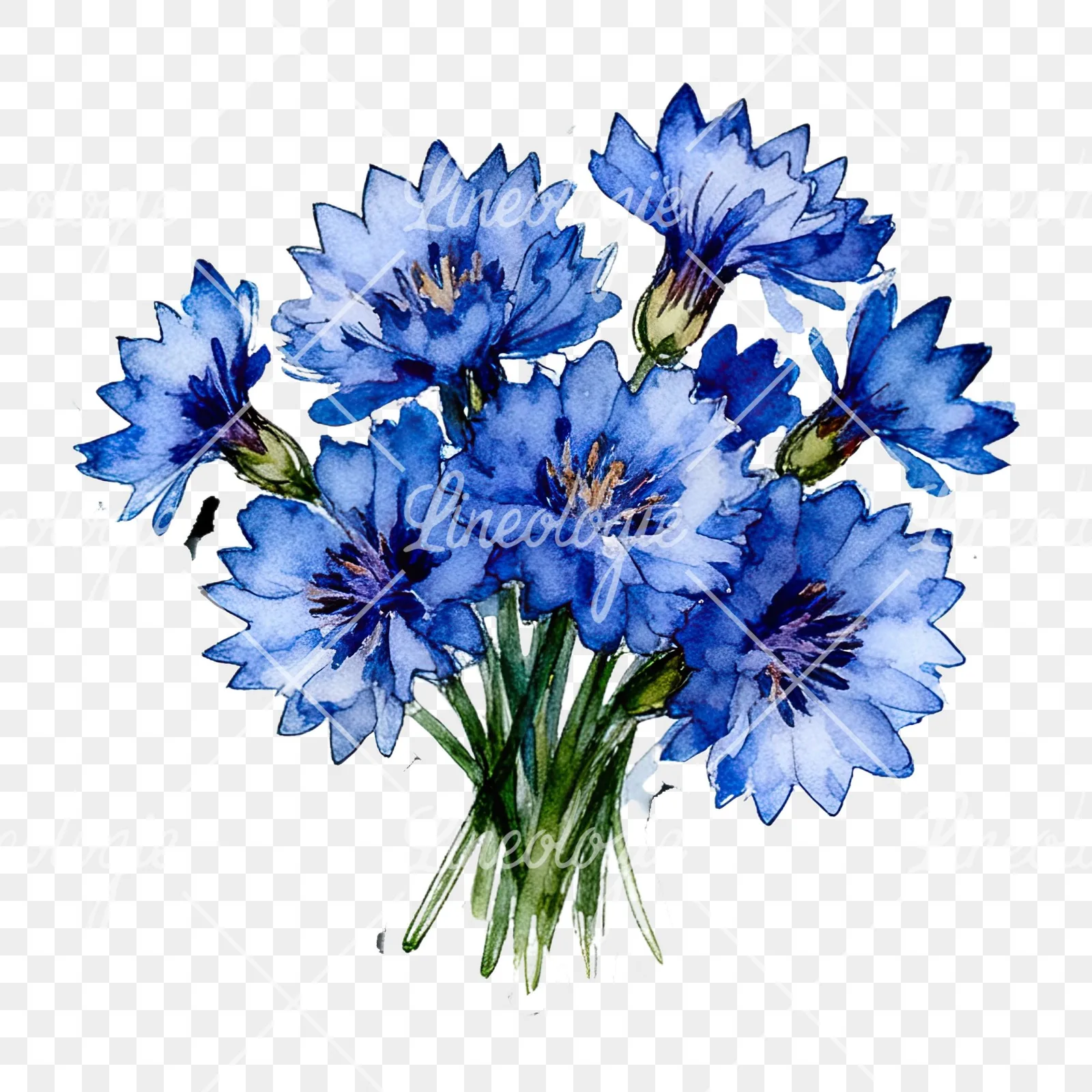 Watercolor dense blue cornflower bouquet clipart 8 of 12 on a transparent background (PNG)