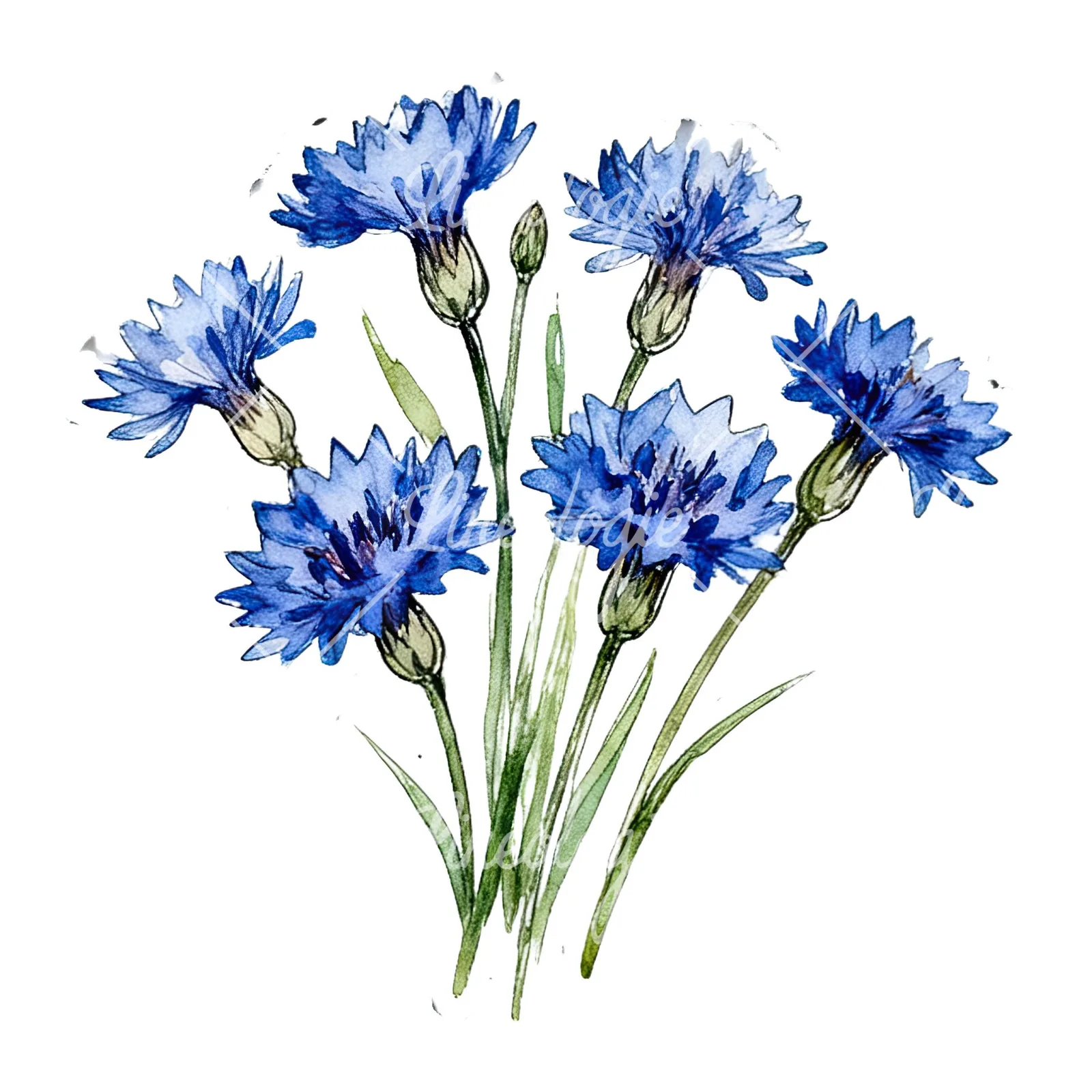 Watercolor dense blue cornflower bouquet clipart 10 of 12 on a white background (JPG)