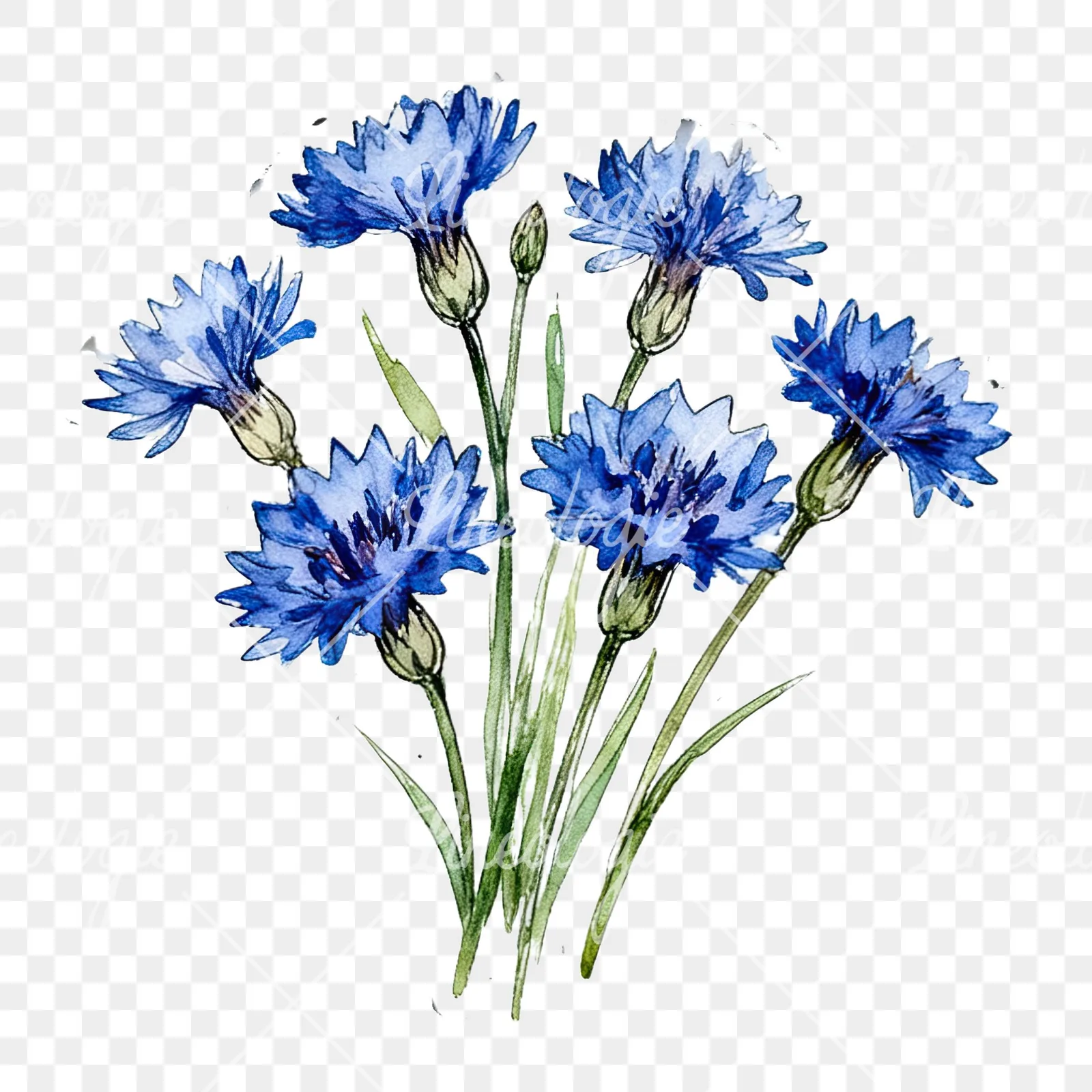 Watercolor dense blue cornflower bouquet clipart 10 of 12 on a transparent background (PNG)