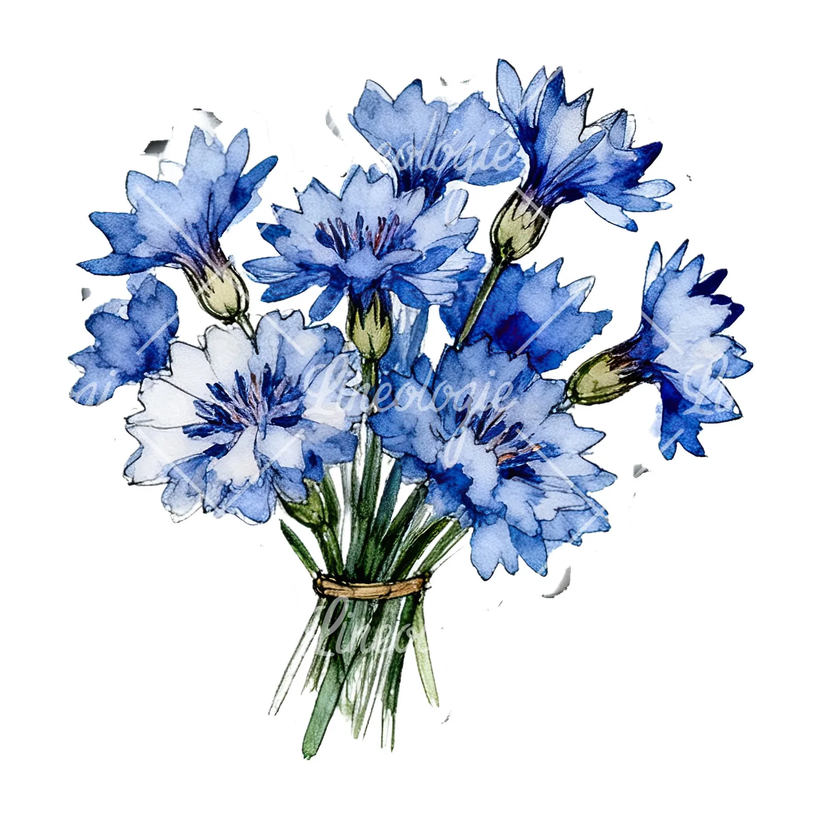 Watercolor dense blue cornflower bouquet clipart 12 of 12 on a white background (JPG)