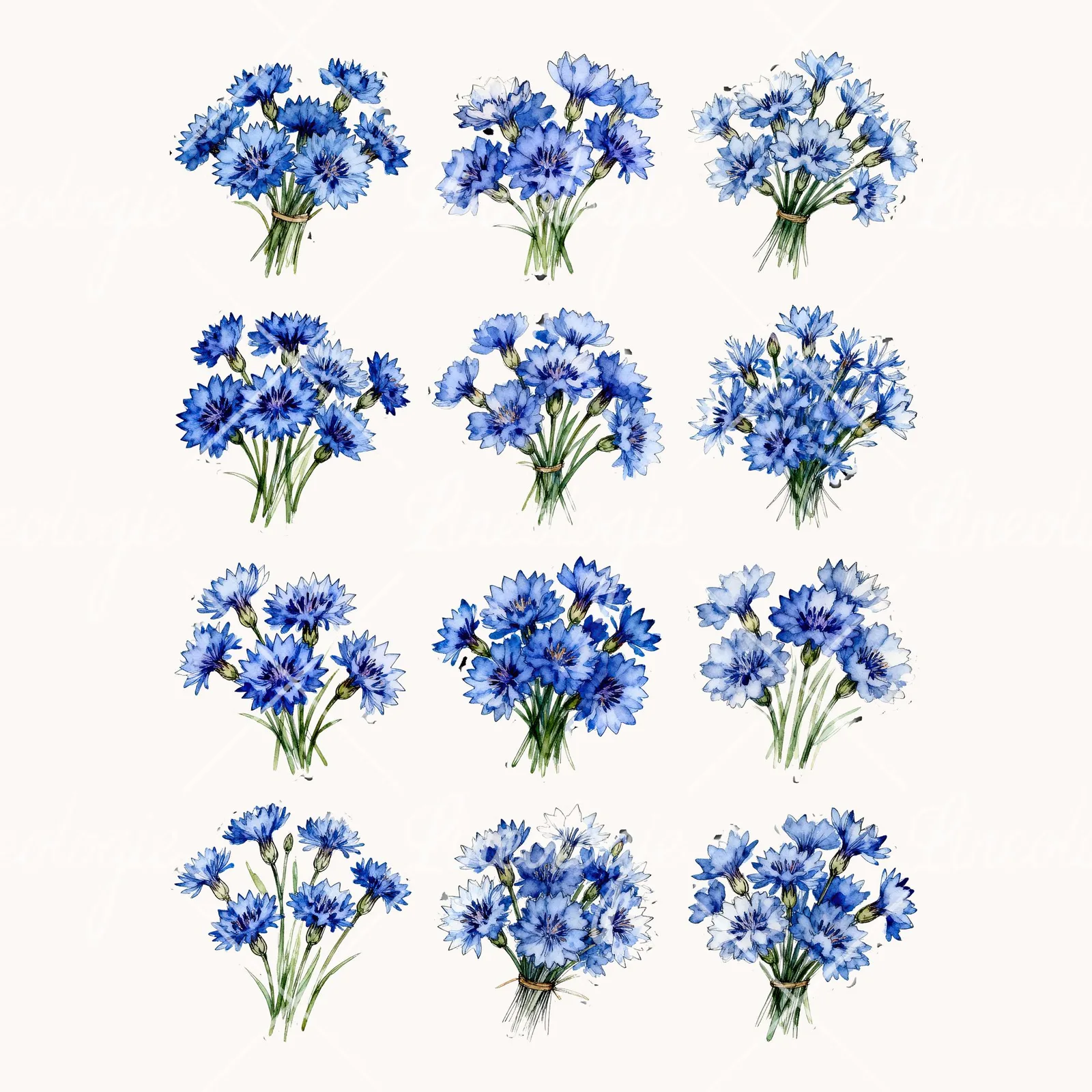 Watercolor Dense Blue Cornflower Bouquet Clipart, all 12 illustrations in the pack