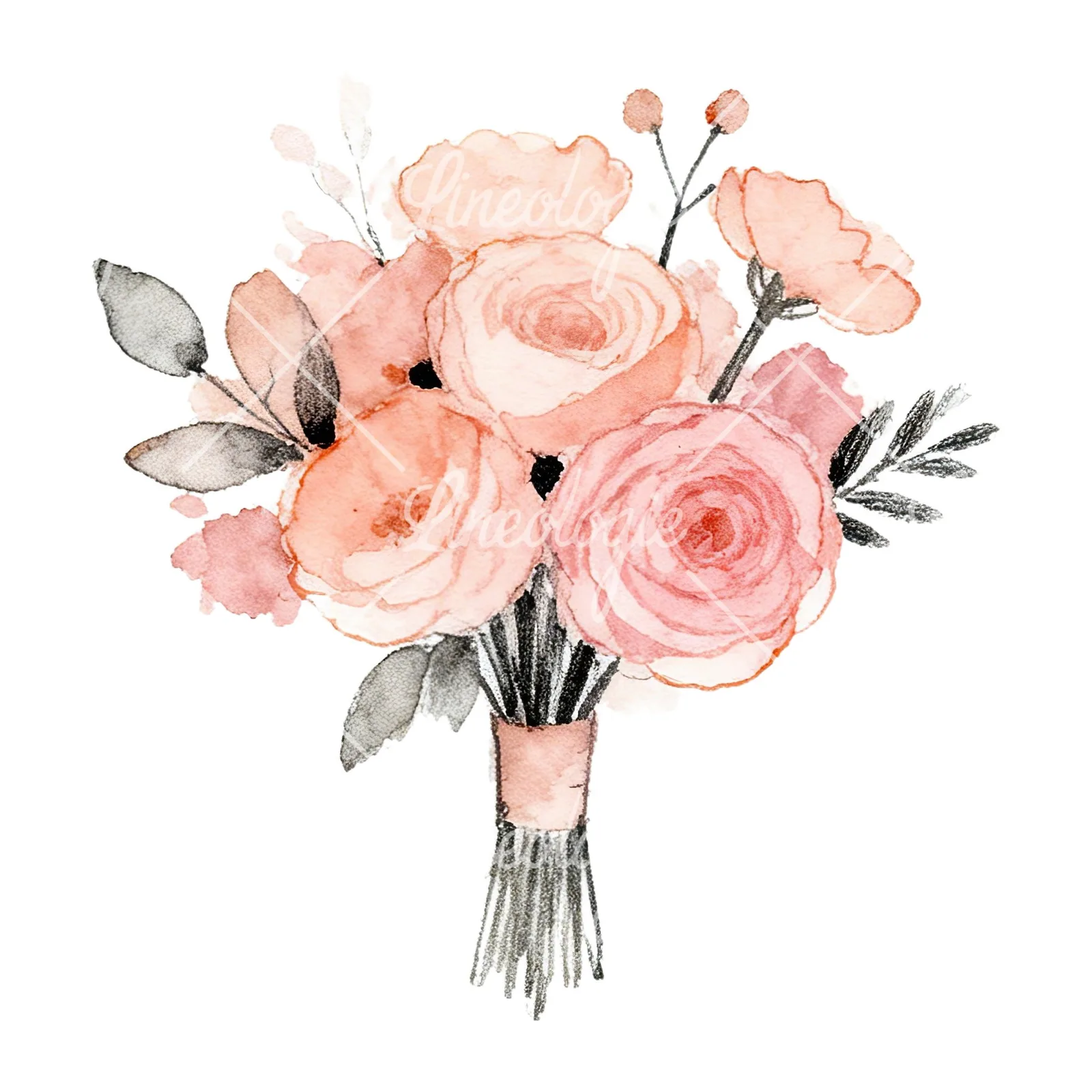 Watercolor blush pink peach wedding bouquet clipart 1 of 12 on a white background (JPG)