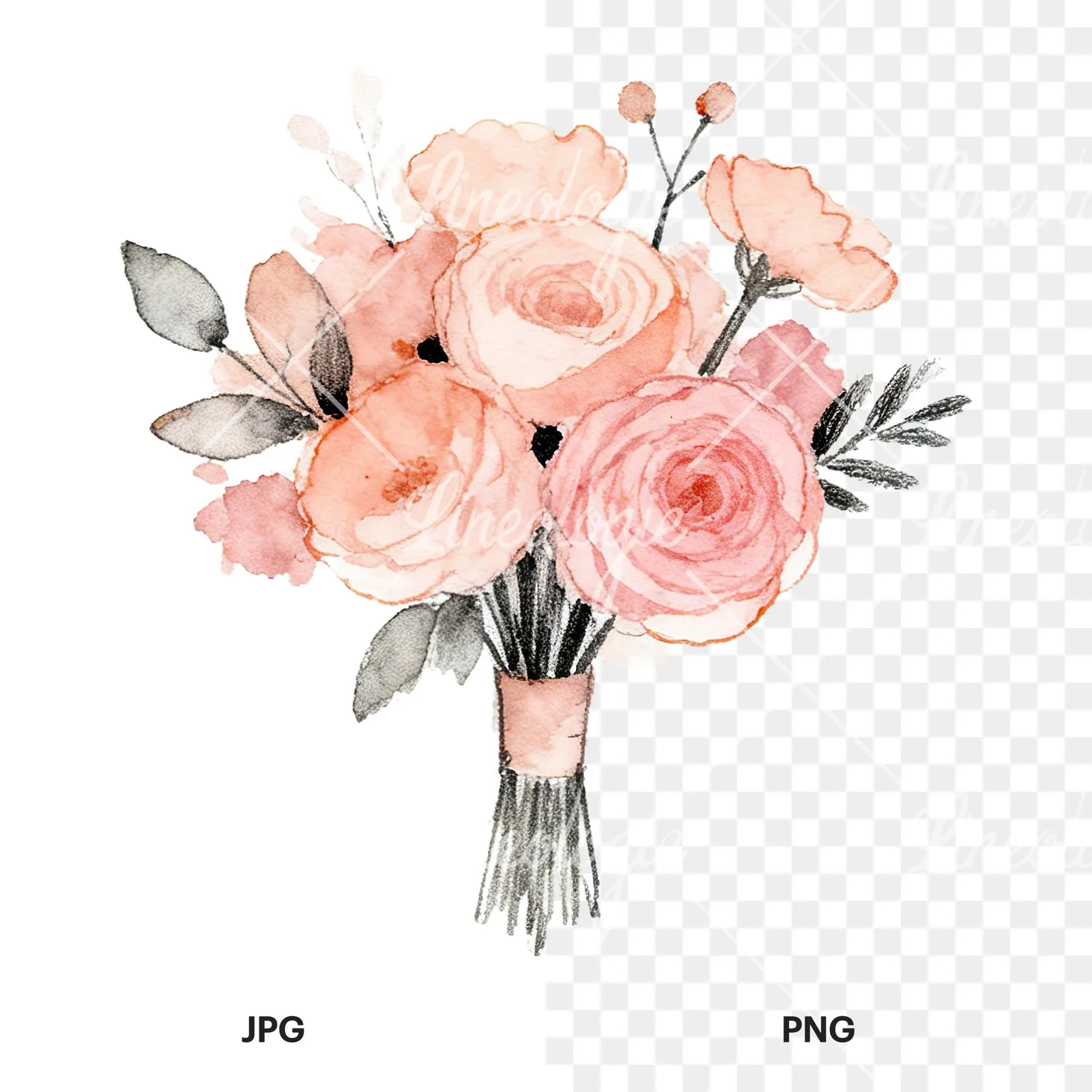 Watercolor blush pink peach wedding bouquet clipart 1 of 12, as a JPG on white and a transparent PNG