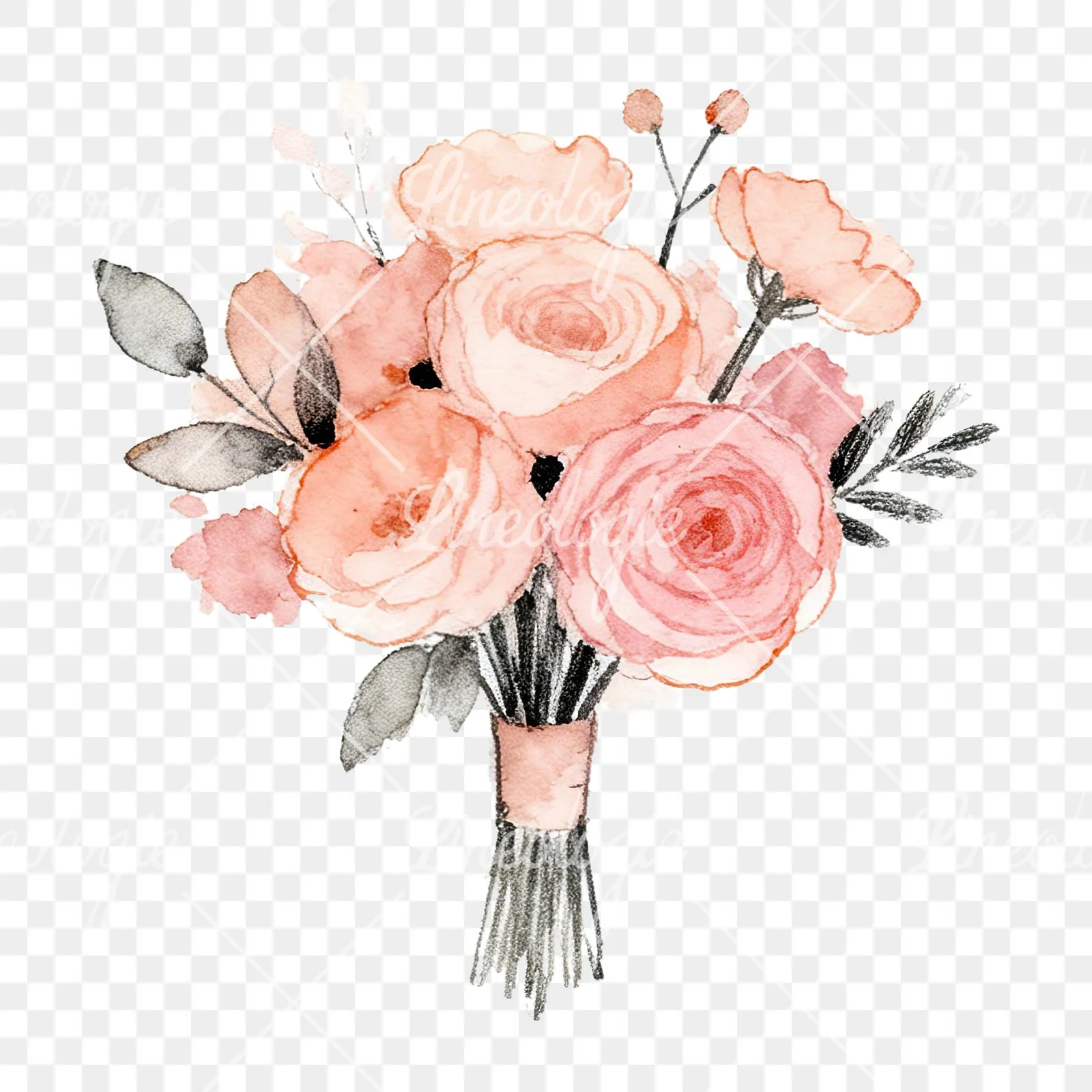 Watercolor blush pink peach wedding bouquet clipart 1 of 12 on a transparent background (PNG)
