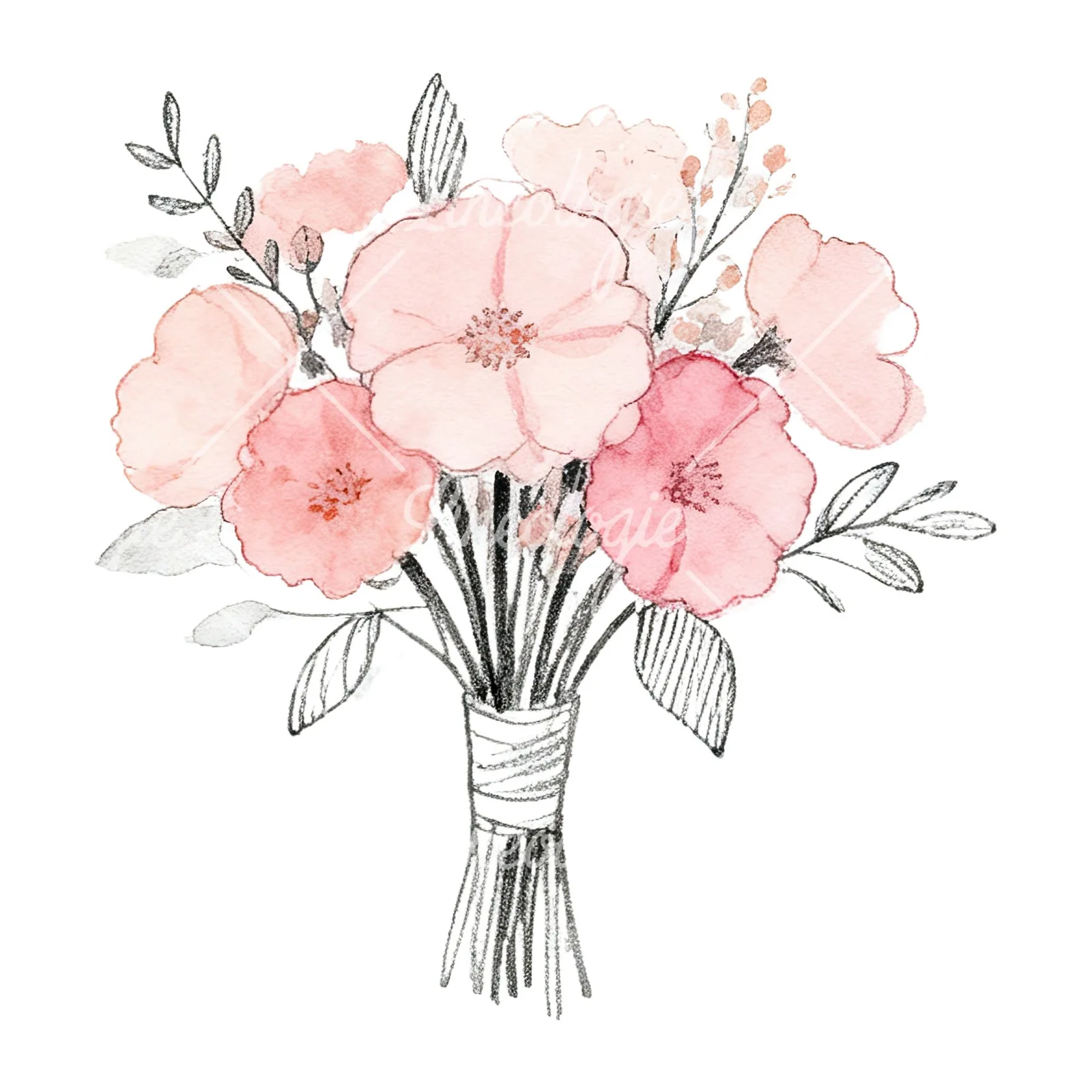 Watercolor blush pink peach wedding bouquet clipart 2 of 12 on a white background (JPG)