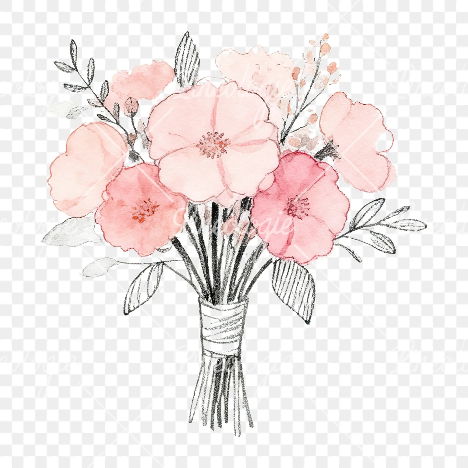 Watercolor blush pink peach wedding bouquet clipart 2 of 12 on a transparent background (PNG)