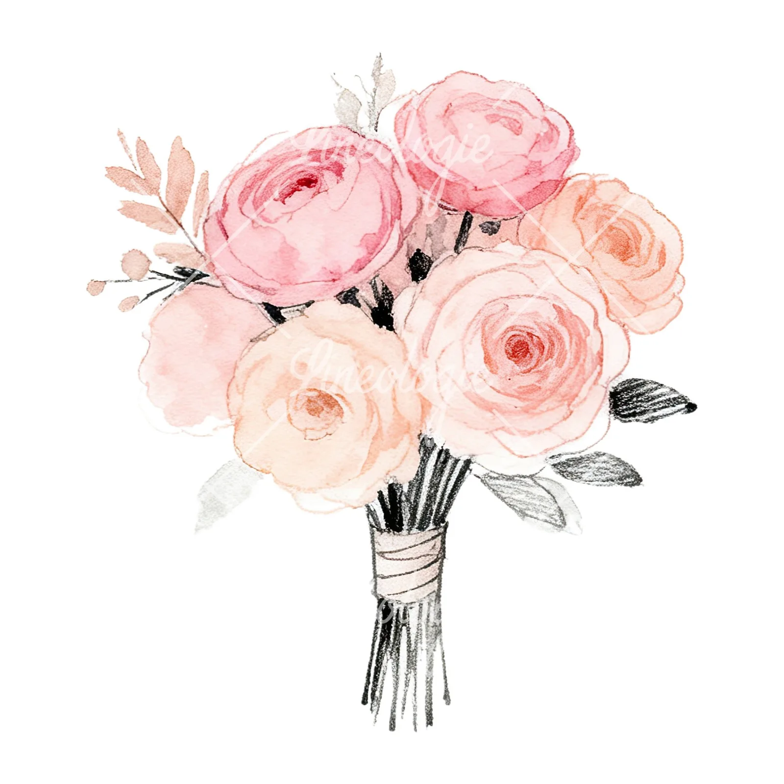 Watercolor blush pink peach wedding bouquet clipart 3 of 12 on a white background (JPG)