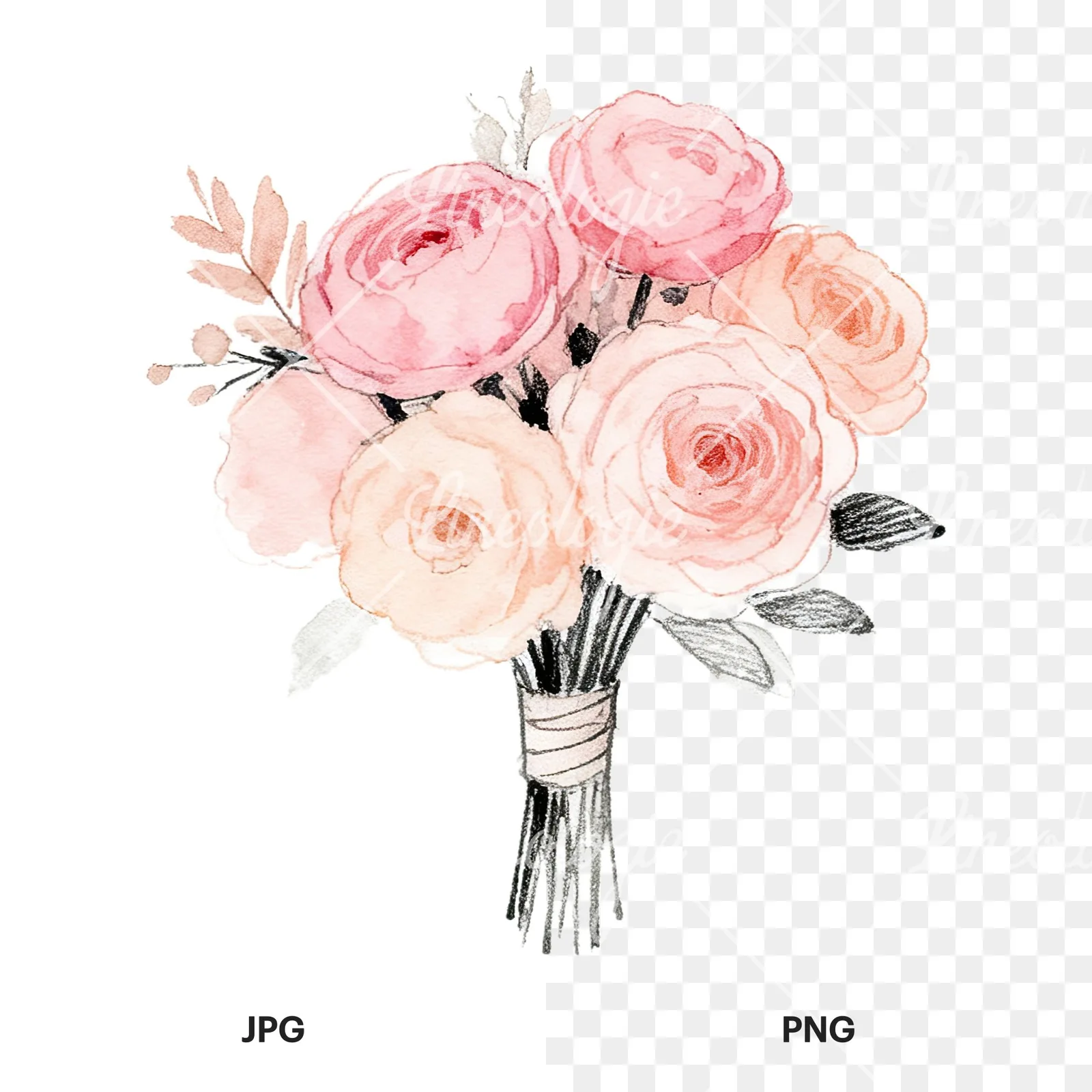 Watercolor blush pink peach wedding bouquet clipart 3 of 12, as a JPG on white and a transparent PNG