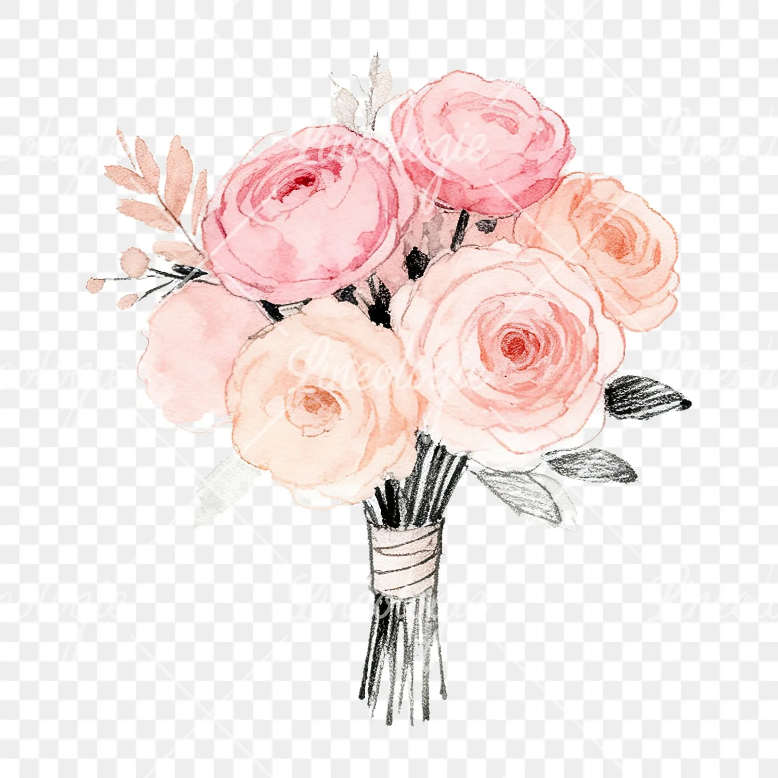 Watercolor blush pink peach wedding bouquet clipart 3 of 12 on a transparent background (PNG)