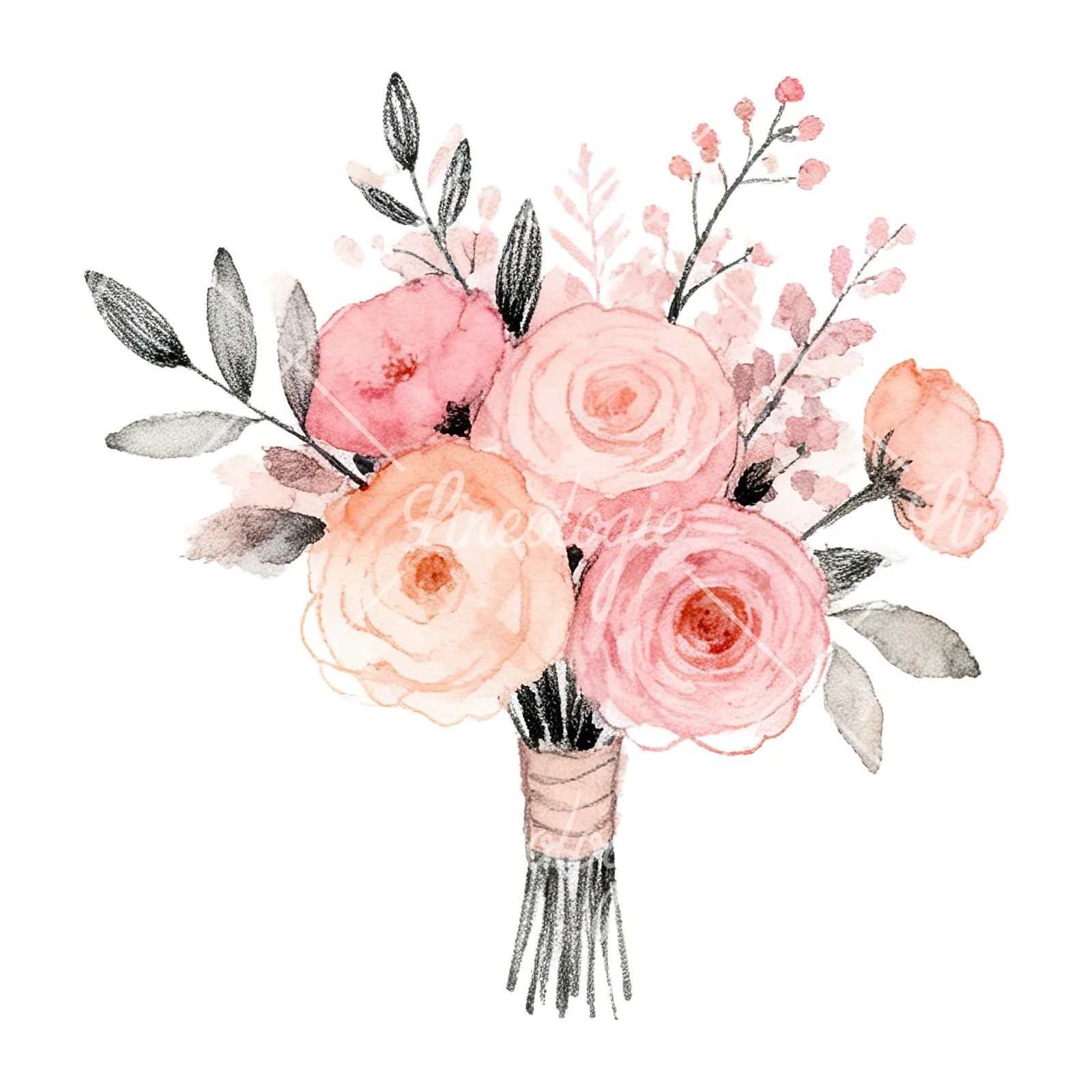 Watercolor blush pink peach wedding bouquet clipart 4 of 12 on a white background (JPG)