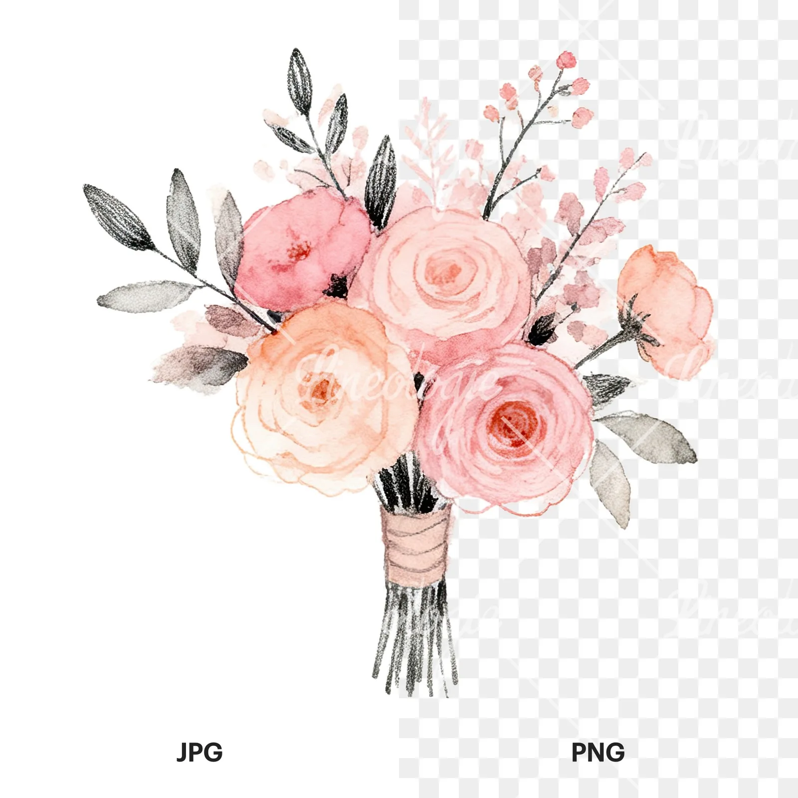 Watercolor blush pink peach wedding bouquet clipart 4 of 12, as a JPG on white and a transparent PNG