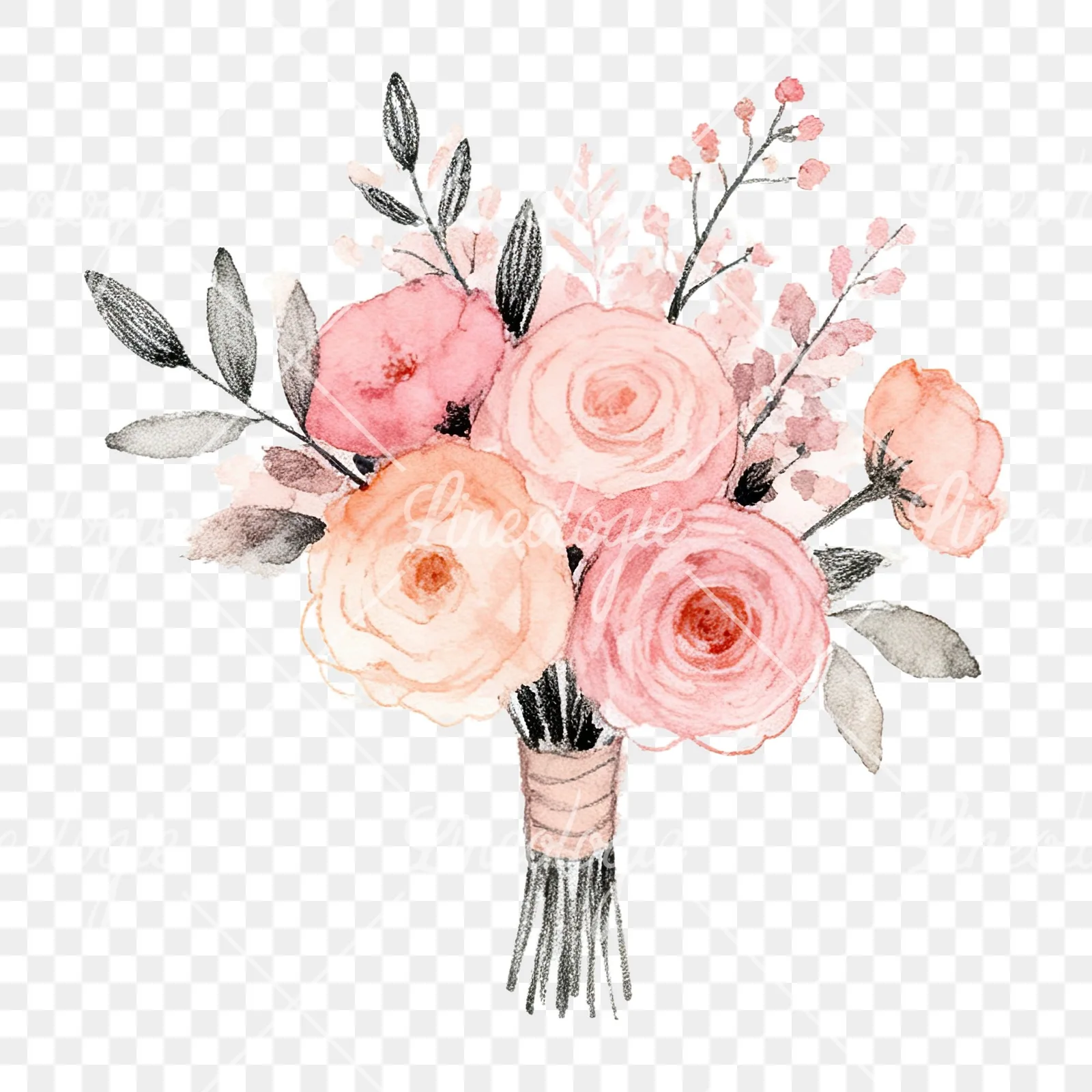 Watercolor blush pink peach wedding bouquet clipart 4 of 12 on a transparent background (PNG)